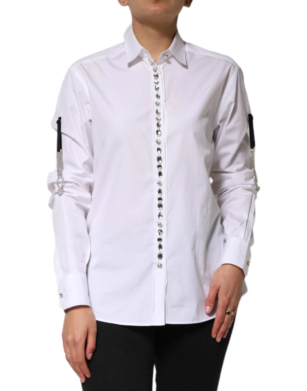Dolce & Gabbana White Crystal Embellished Collared Shirt Top - IT38 | XS - Shirts