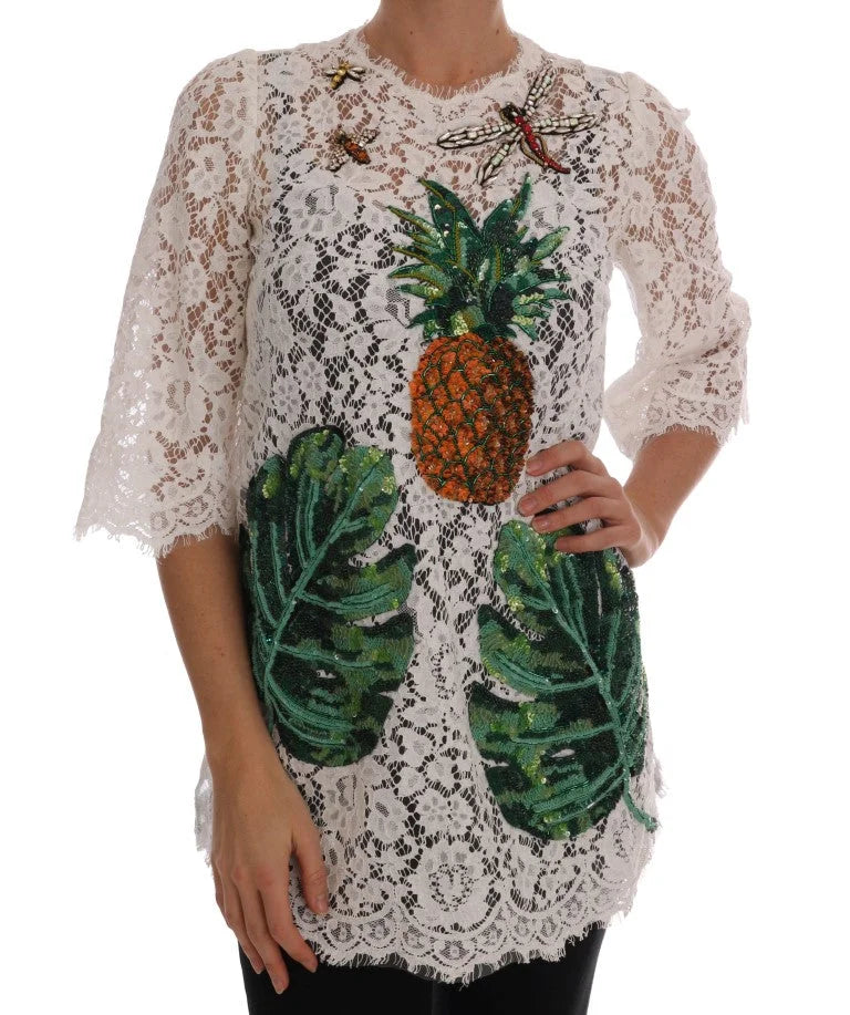 Dolce & Gabbana White Crystal Embellished Lace Blouse - IT36 | XS - Blouses