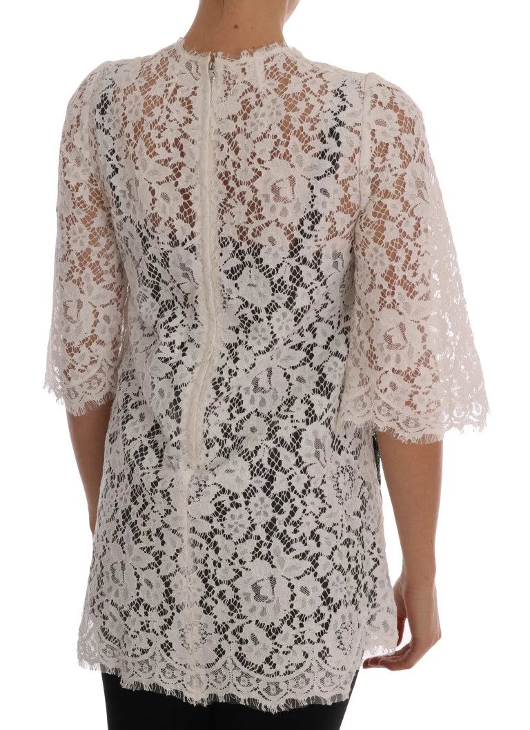 Dolce & Gabbana White Crystal Embellished Lace Blouse - IT36 | XS - Blouses