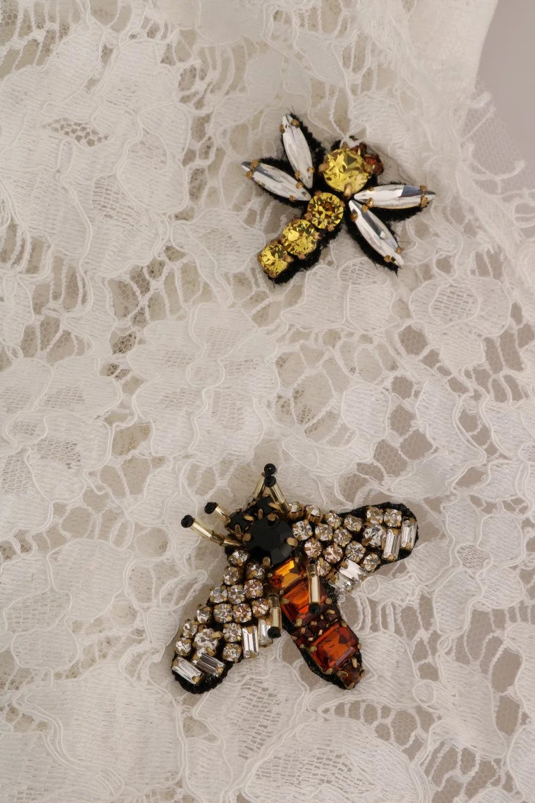 Dolce & Gabbana White Crystal Embellished Lace Blouse - IT36 | XS - Blouses