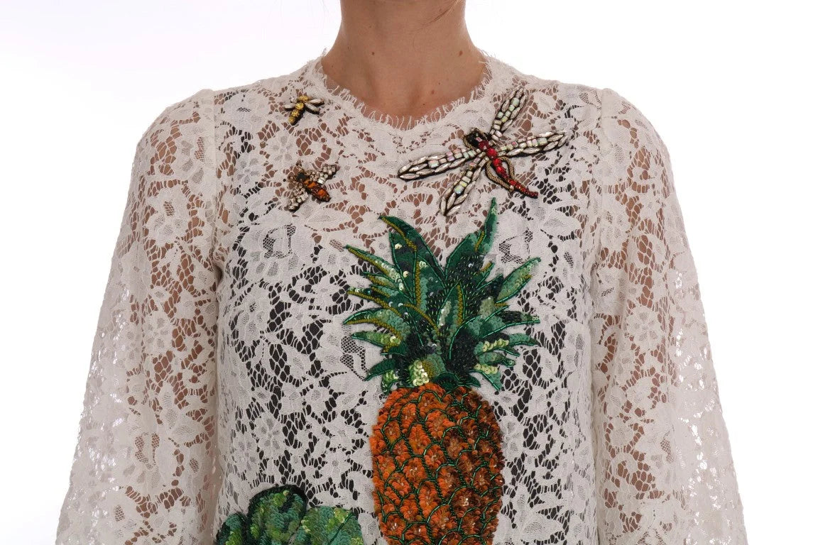 Dolce & Gabbana White Crystal Embellished Lace Blouse - IT36 | XS - Blouses