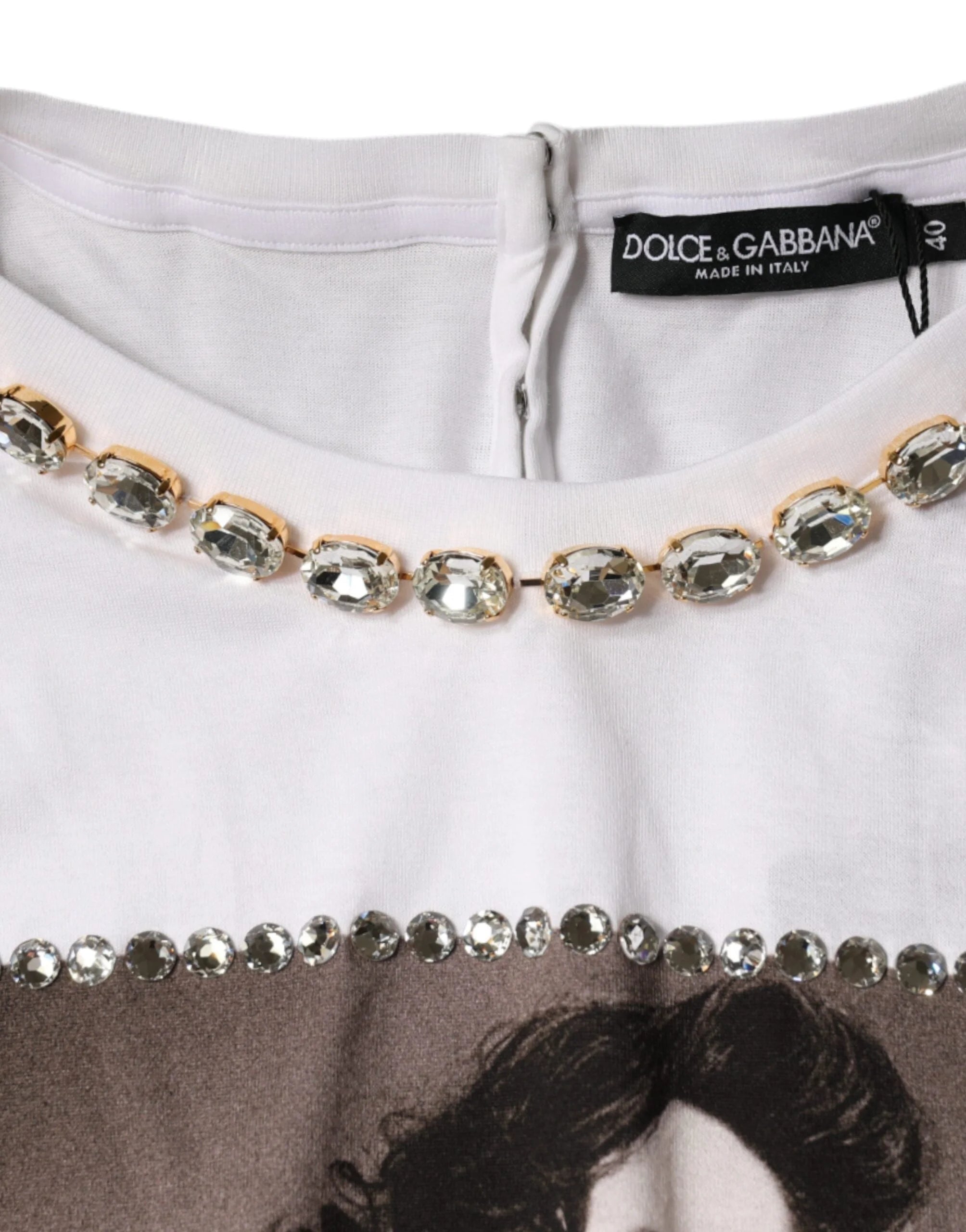 Dolce & Gabbana White Crystal Neckline Embellished Printed T-shirt - IT36 | XS - T-Shirts