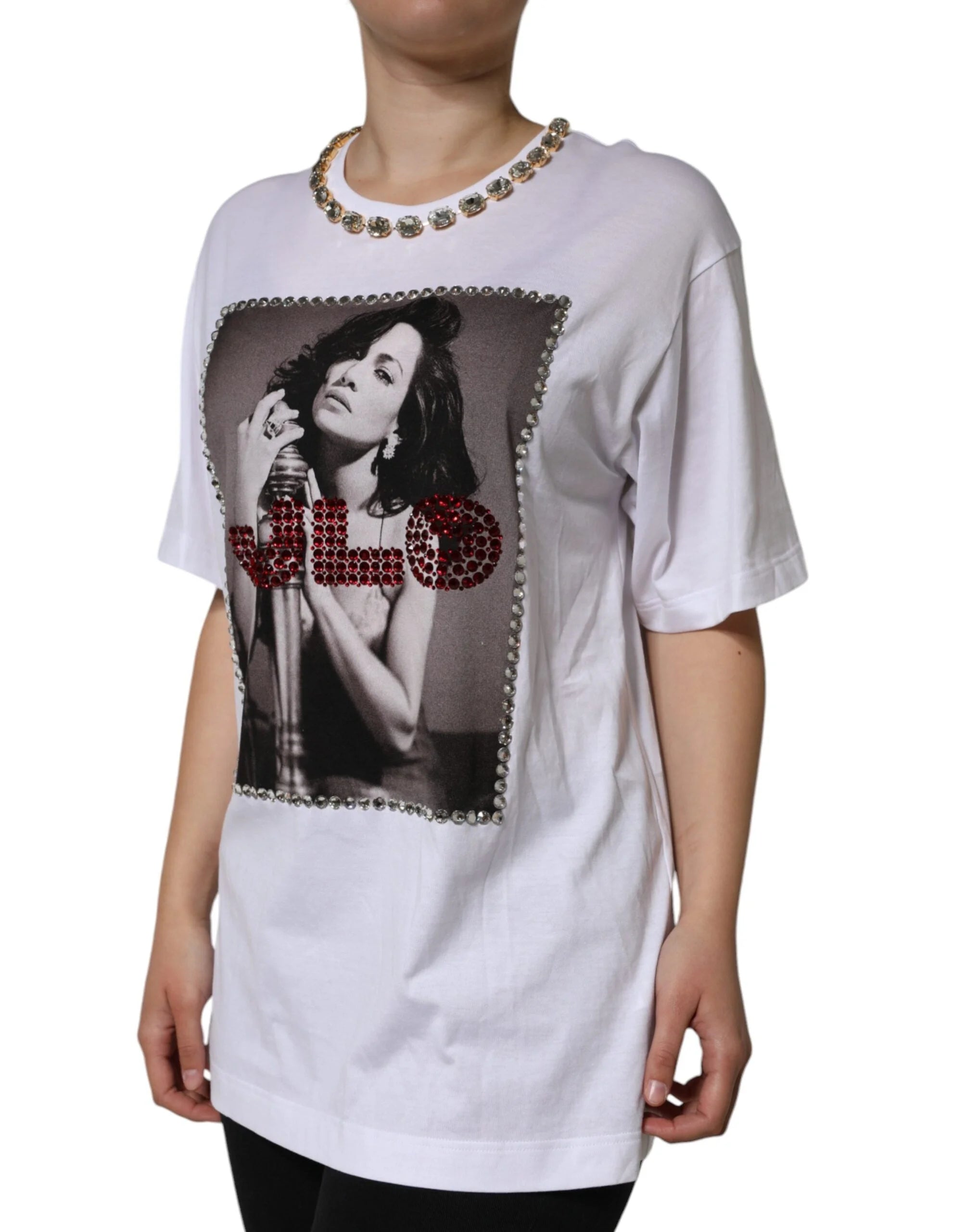 Dolce & Gabbana White Crystal Neckline Embellished Printed T-shirt - IT36 | XS - T-Shirts
