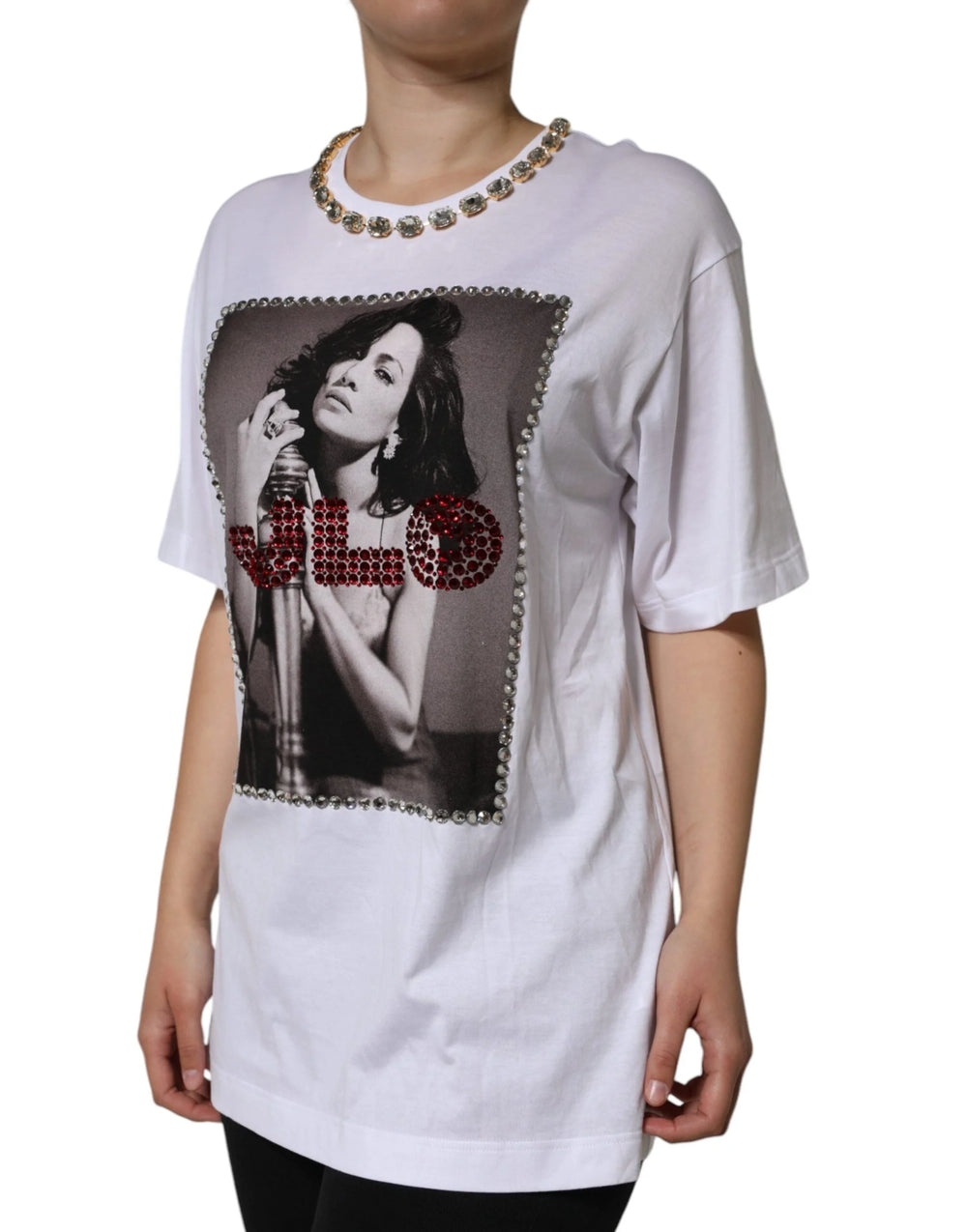 Dolce & Gabbana White Crystal Neckline Embellished Printed T-shirt - IT36 | XS - T-Shirts