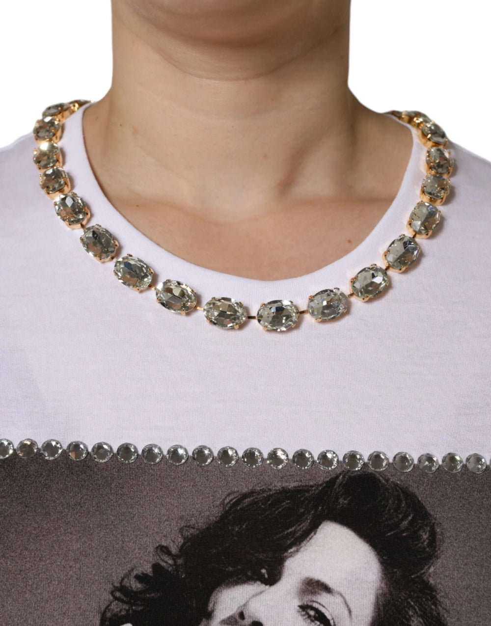 Dolce & Gabbana White Crystal Neckline Embellished Printed T-shirt - IT36 | XS - T-Shirts
