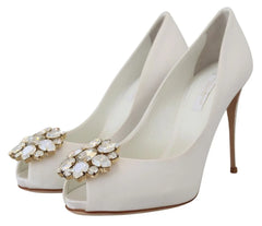 Dolce & Gabbana White Crystals Peep Toe Heel Satin Pumps - EU36/US5.5 - Heels