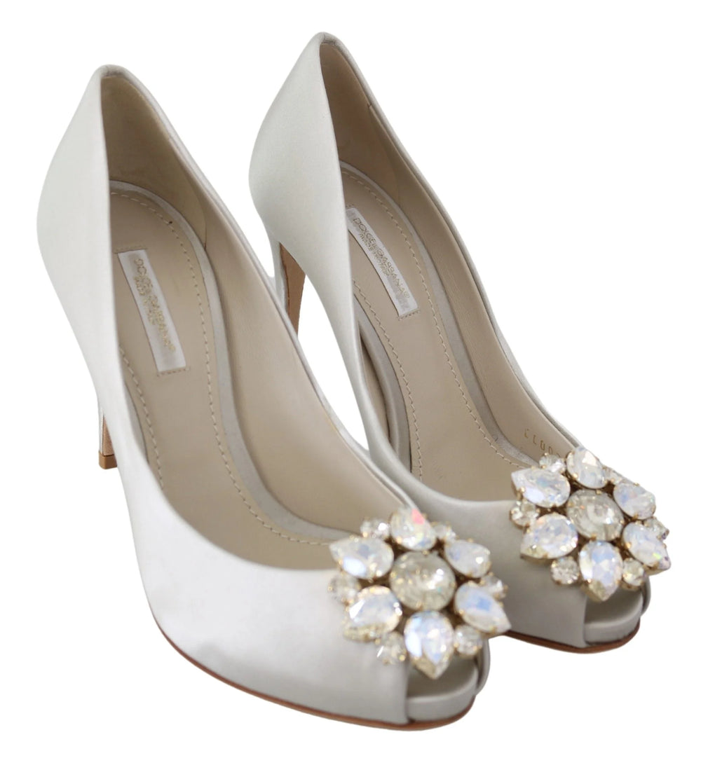 Dolce & Gabbana White Crystals Peep Toe Heels Satin Pumps Shoes - Heels