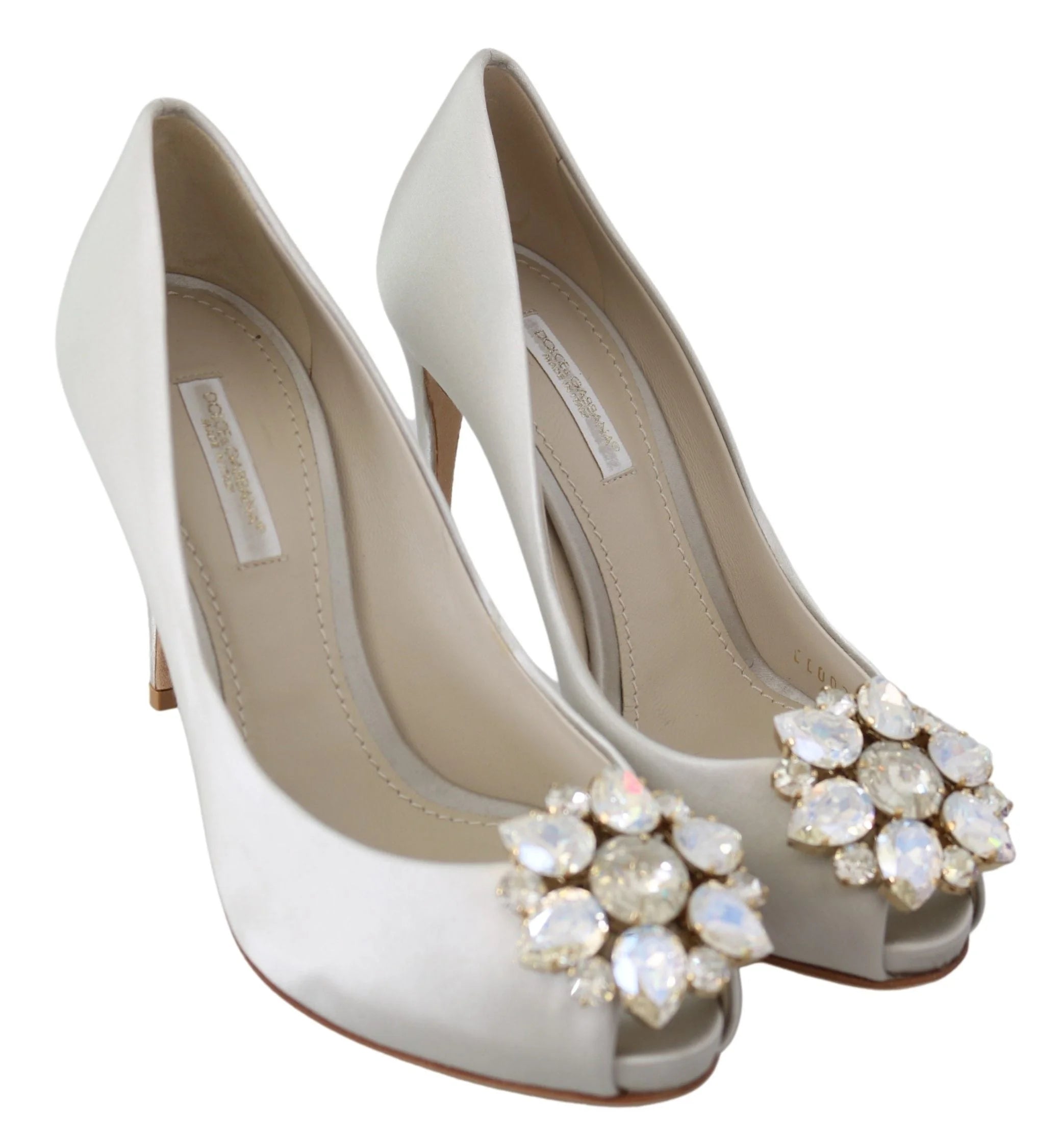 Oversigtsbillede af Dolce & Gabbana hvide peep toe aften sko, der fremhæver den polstrede lædersål og håndværket.