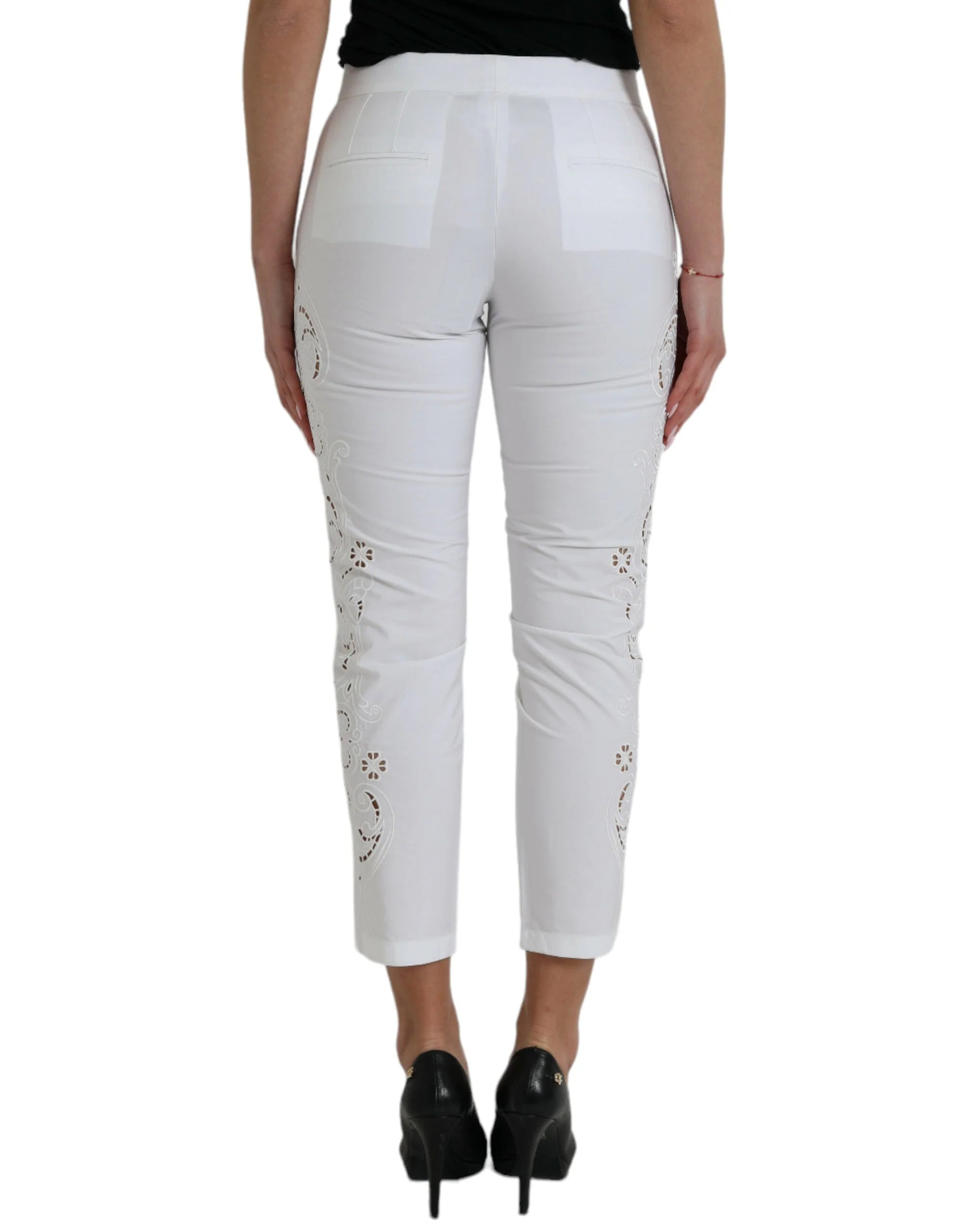 Dolce & Gabbana White Cut Out Cotton Mid Waist Cropped Pants - IT38 | XS - Trousers