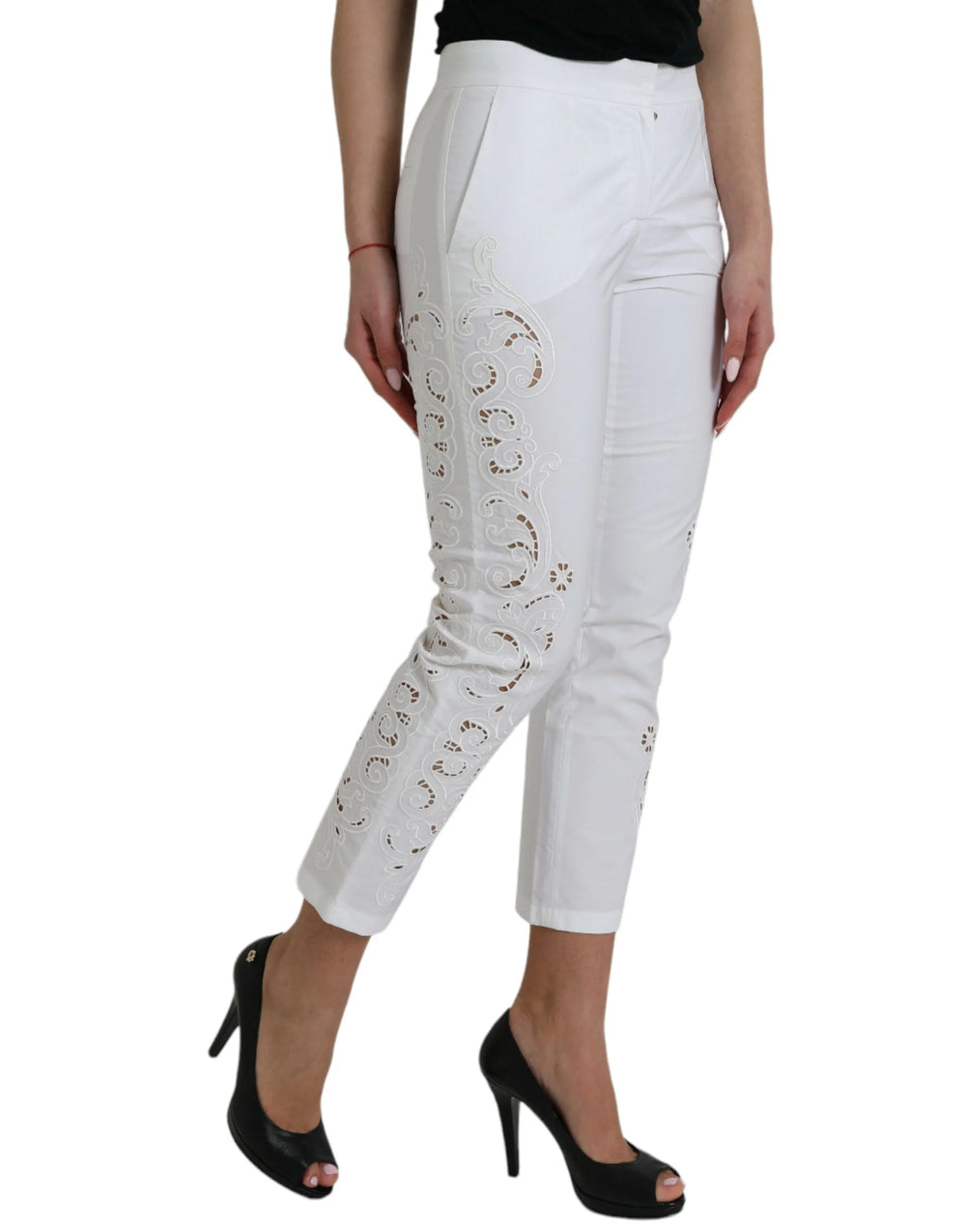 Dolce & Gabbana White Cut Out Cotton Mid Waist Cropped Pants - IT38 | XS - Trousers