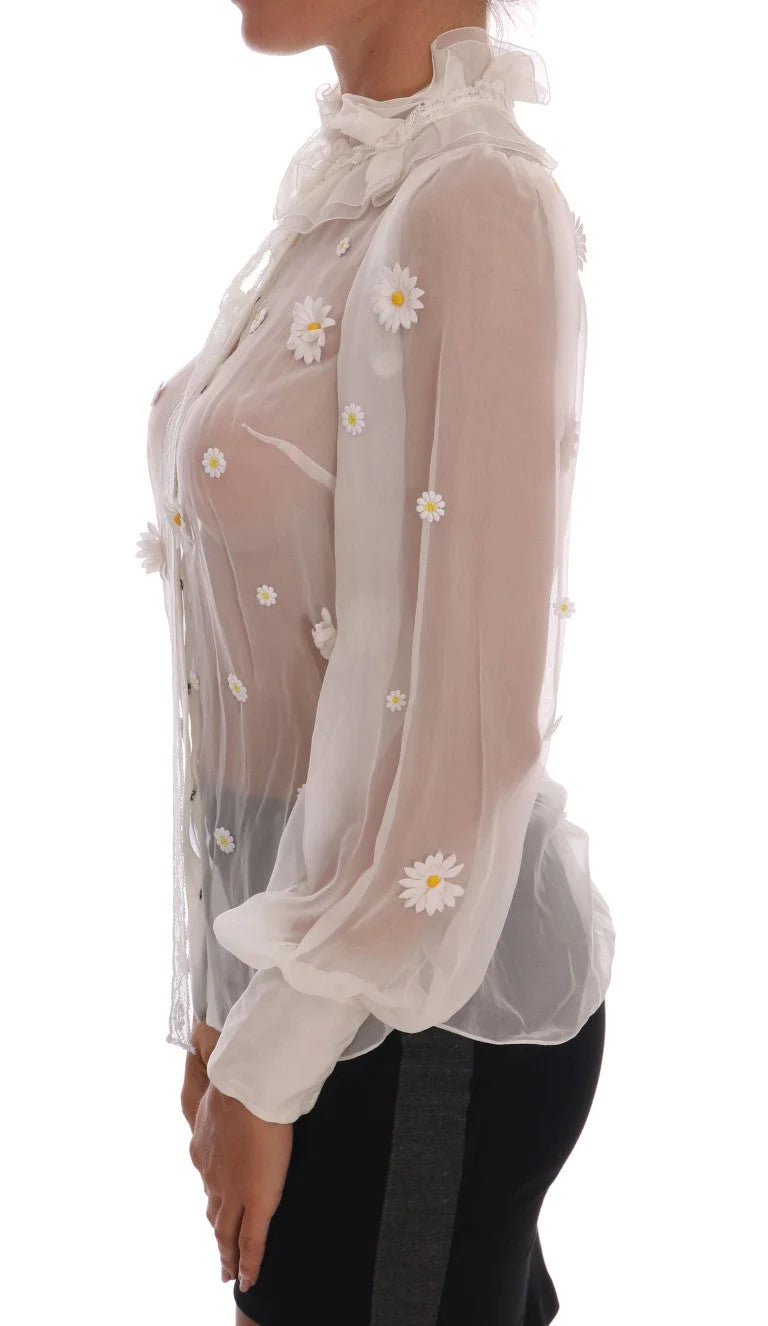 Dolce & Gabbana White Daisy Applique Silk Shirt - IT38 | S - Blouses