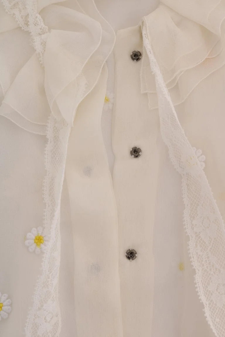 Dolce & Gabbana White Daisy Applique Silk Shirt - IT38 | S - Blouses