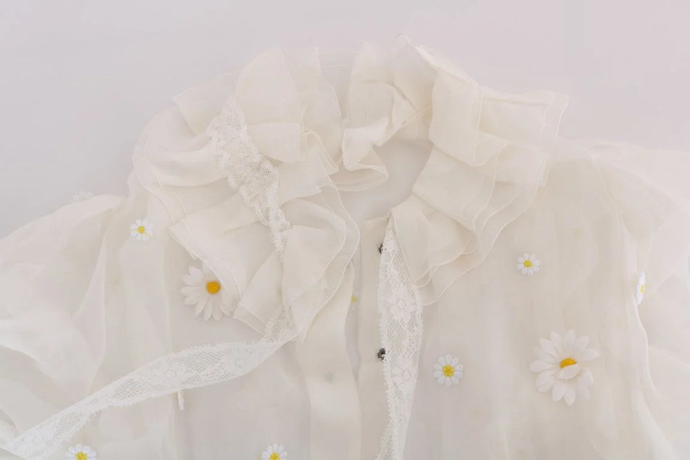 Dolce & Gabbana White Daisy Applique Silk Shirt - IT38 | S - Blouses