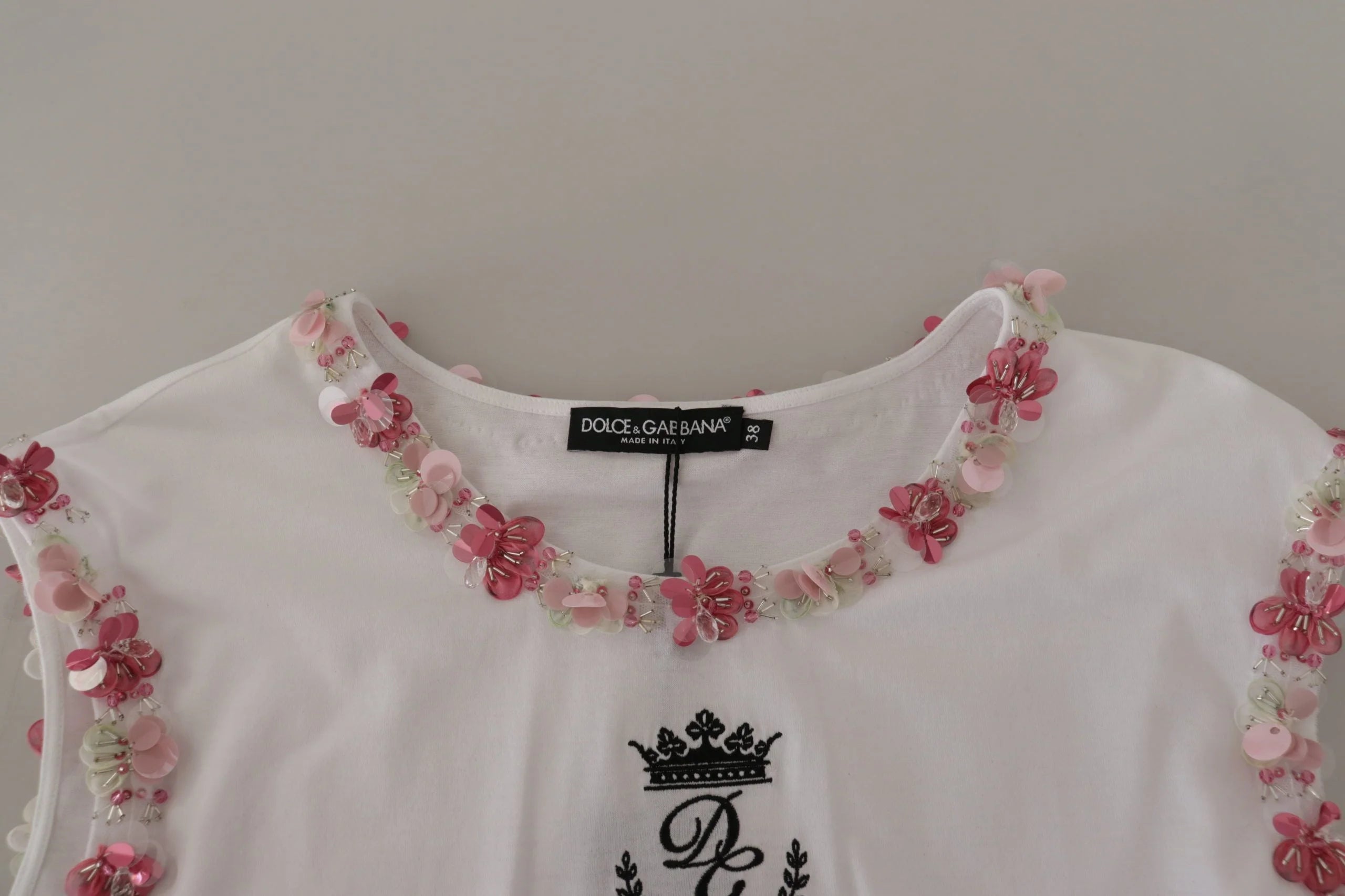 Dolce & Gabbana White DG Crown Floral Sequin T-shirt - IT38|XS - T-Shirts