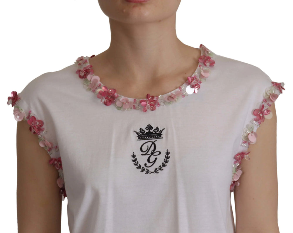 Dolce & Gabbana White DG Crown Floral Sequin T-shirt - IT38|XS - T-Shirts