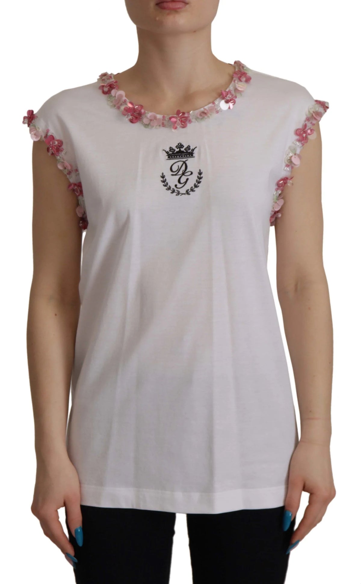 Dolce & Gabbana White DG Crown Floral Sequin T-shirt - IT38|XS - T-Shirts