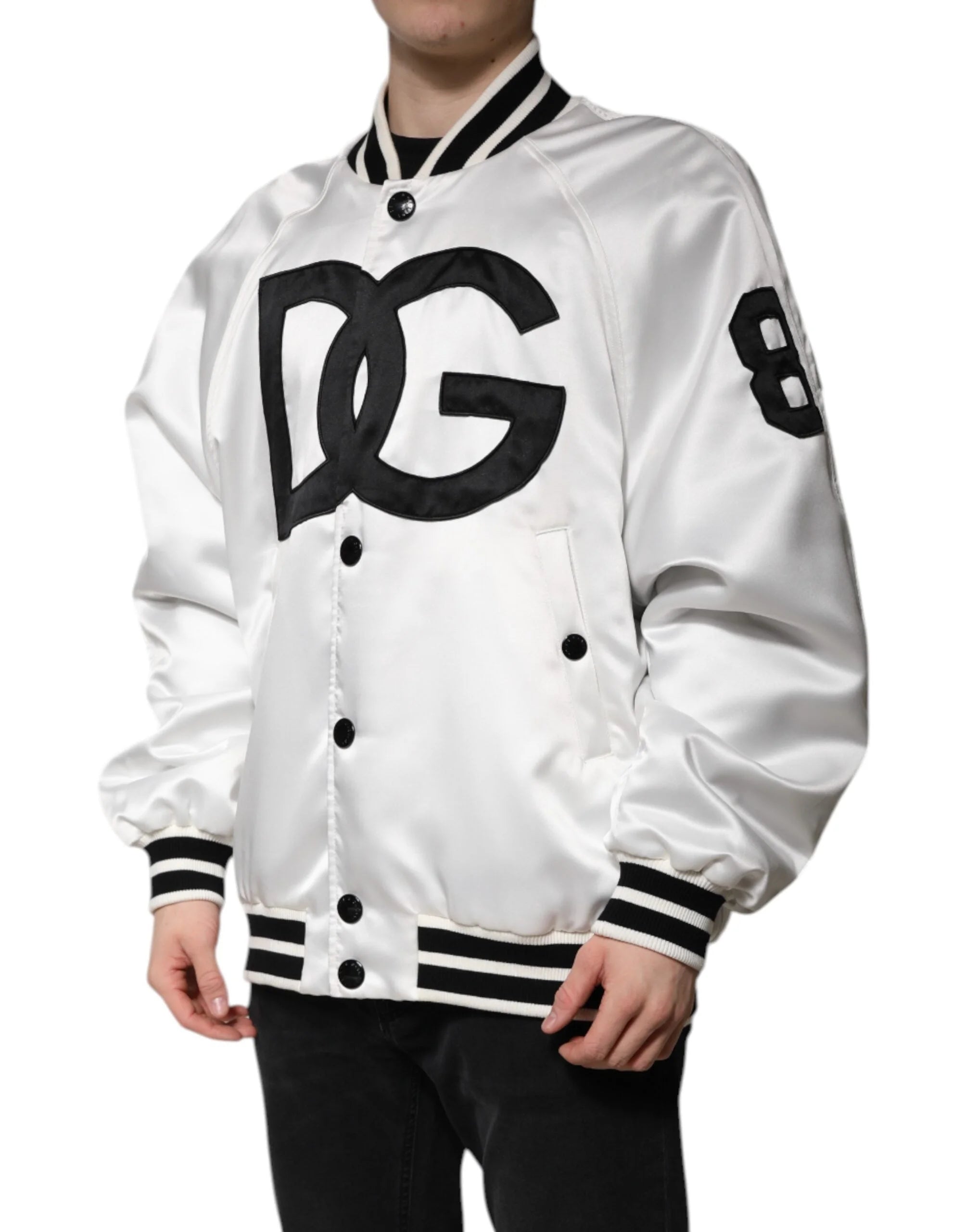 Dolce & Gabbana White DG Logo Polyester Jersey Bomber Jacket - IT50 | L - Bomber Jackets