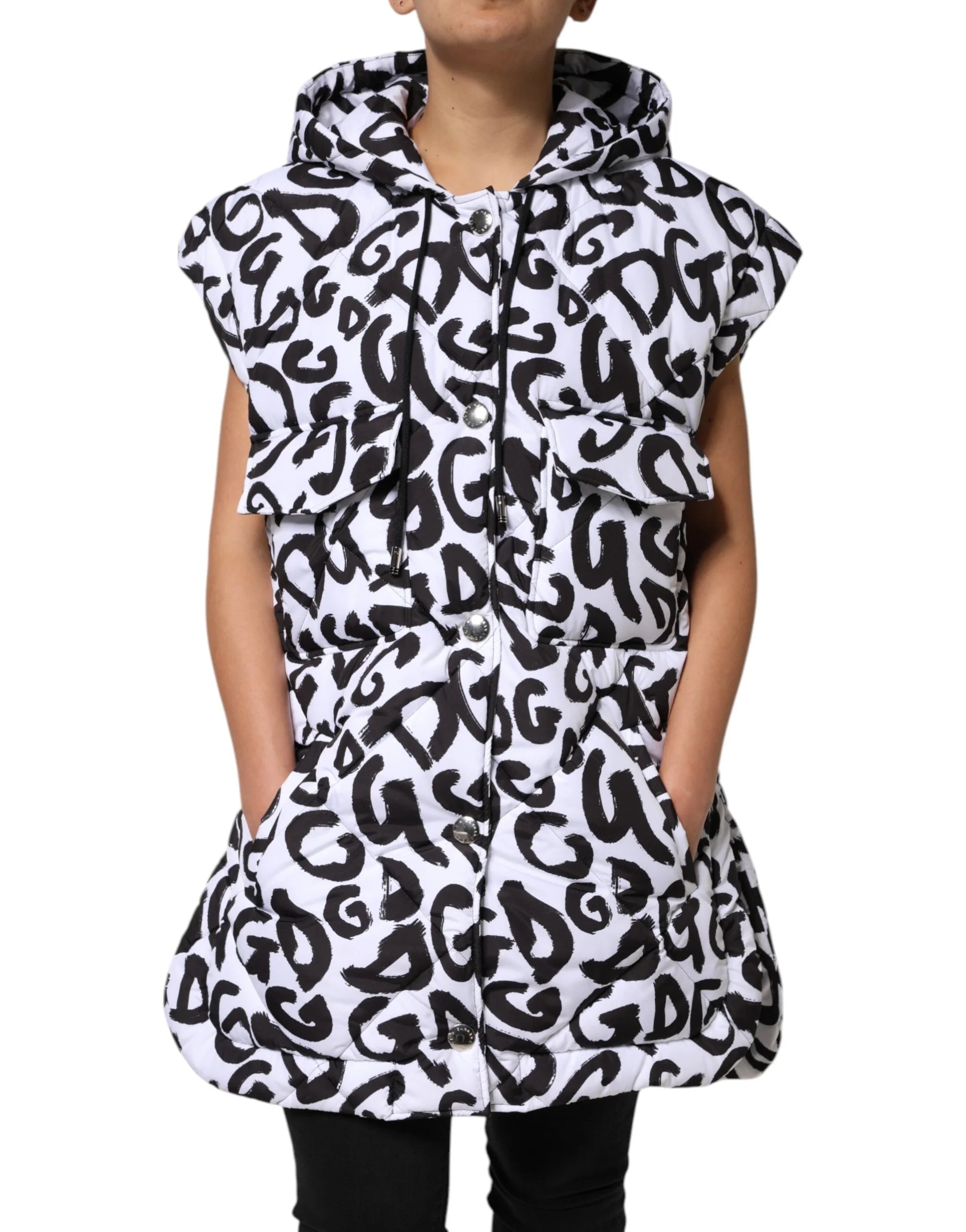 Dolce & Gabbana White DG Mania Hooded Sleeveless Puffer Jacket - IT42|M - Puffer Jackets