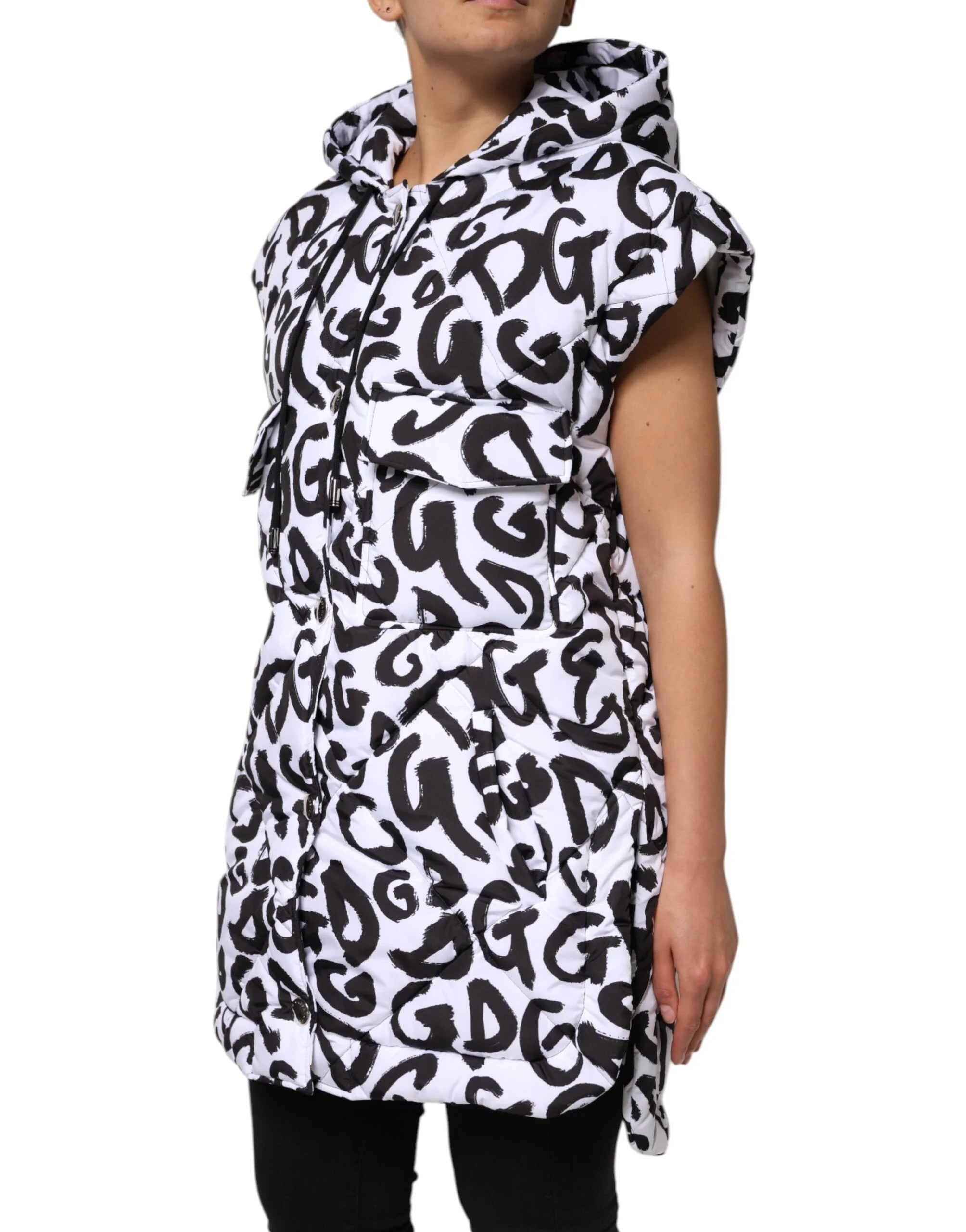 Dolce & Gabbana White DG Mania Hooded Sleeveless Puffer Jacket - IT42|M - Puffer Jackets