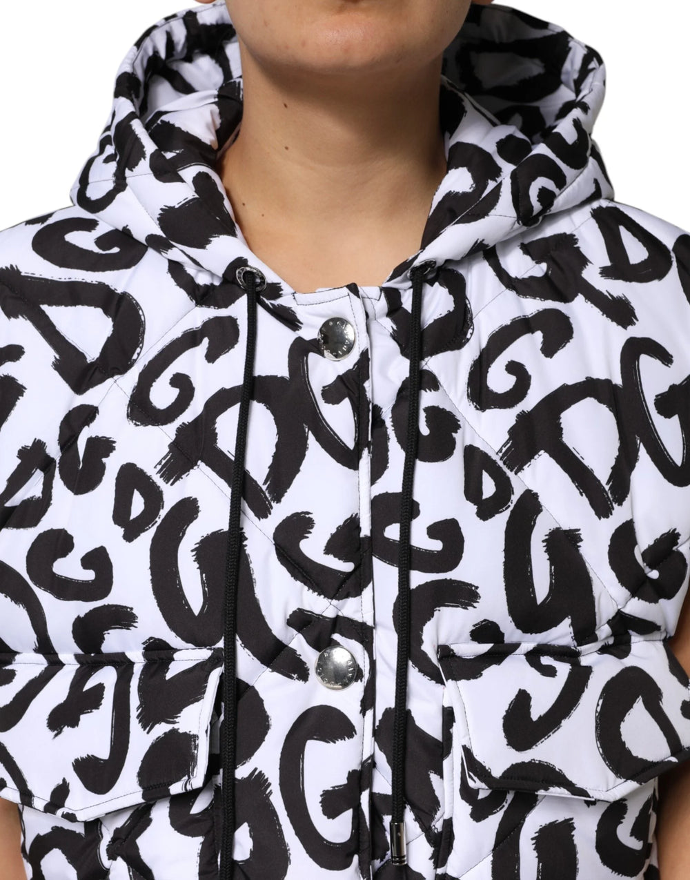 Dolce & Gabbana White DG Mania Hooded Sleeveless Puffer Jacket - IT42|M - Puffer Jackets