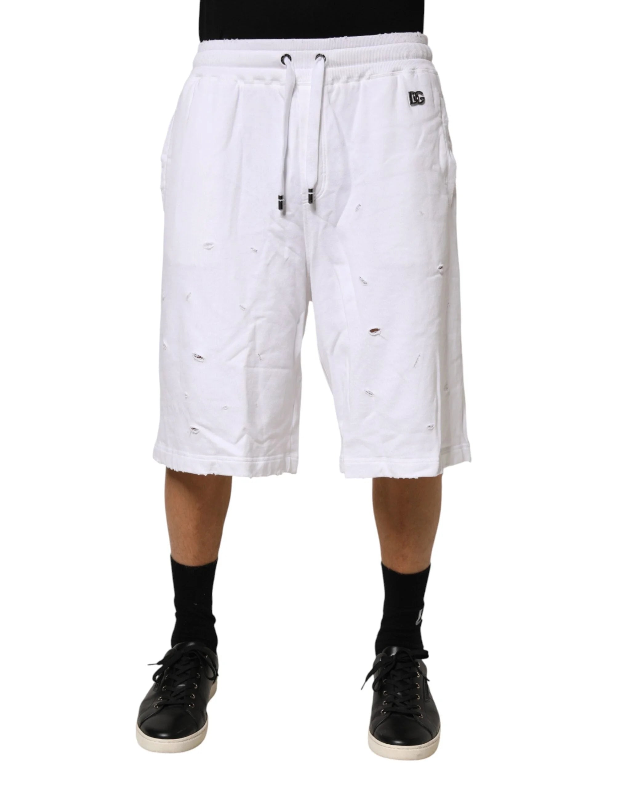 Dolce & Gabbana White Distressed Cotton Men Bermuda Shorts - IT48 | M - Bermudas