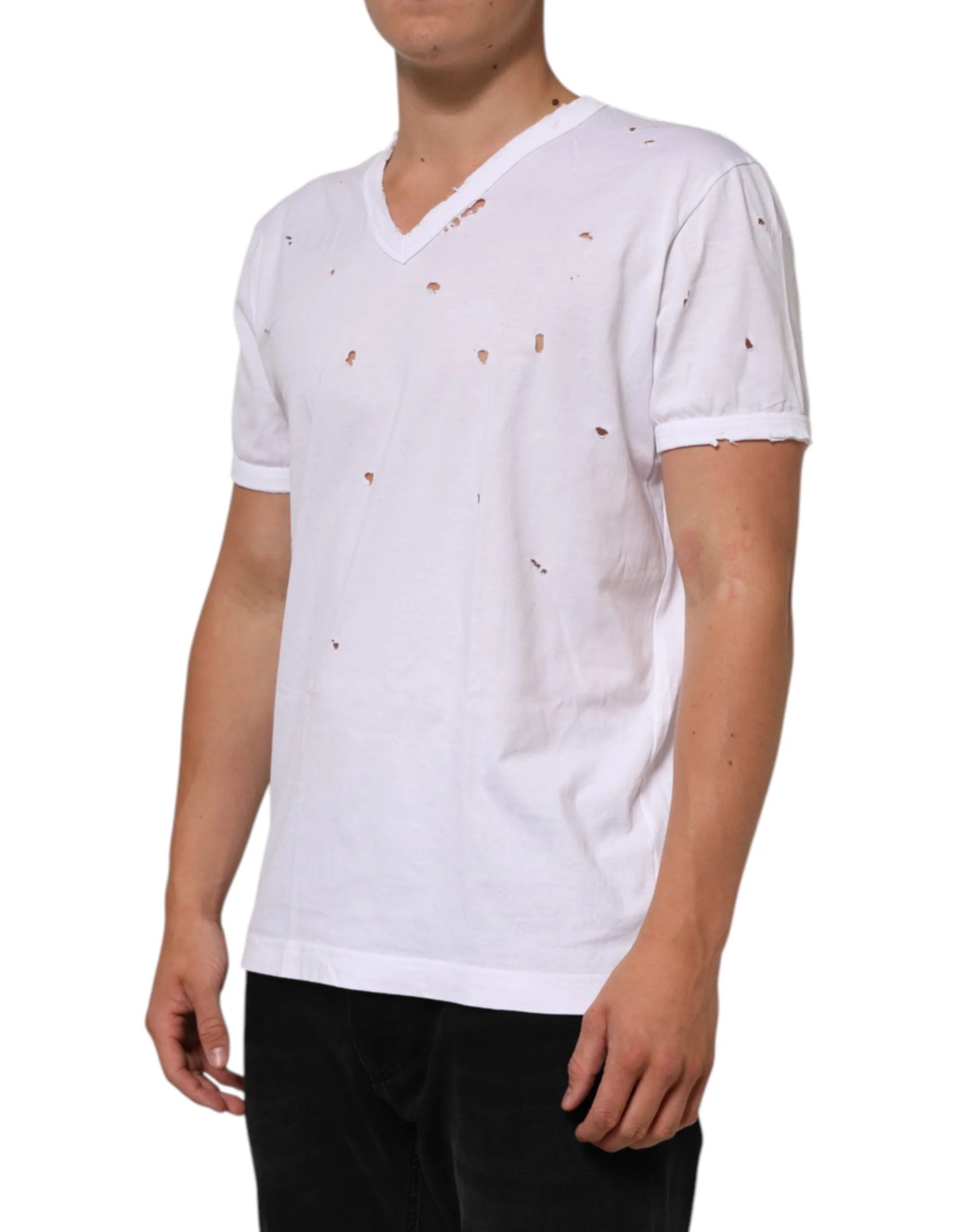 Dolce & Gabbana White Distressed Cotton V Neck Men T-shirt - IT48 | M - T-Shirts
