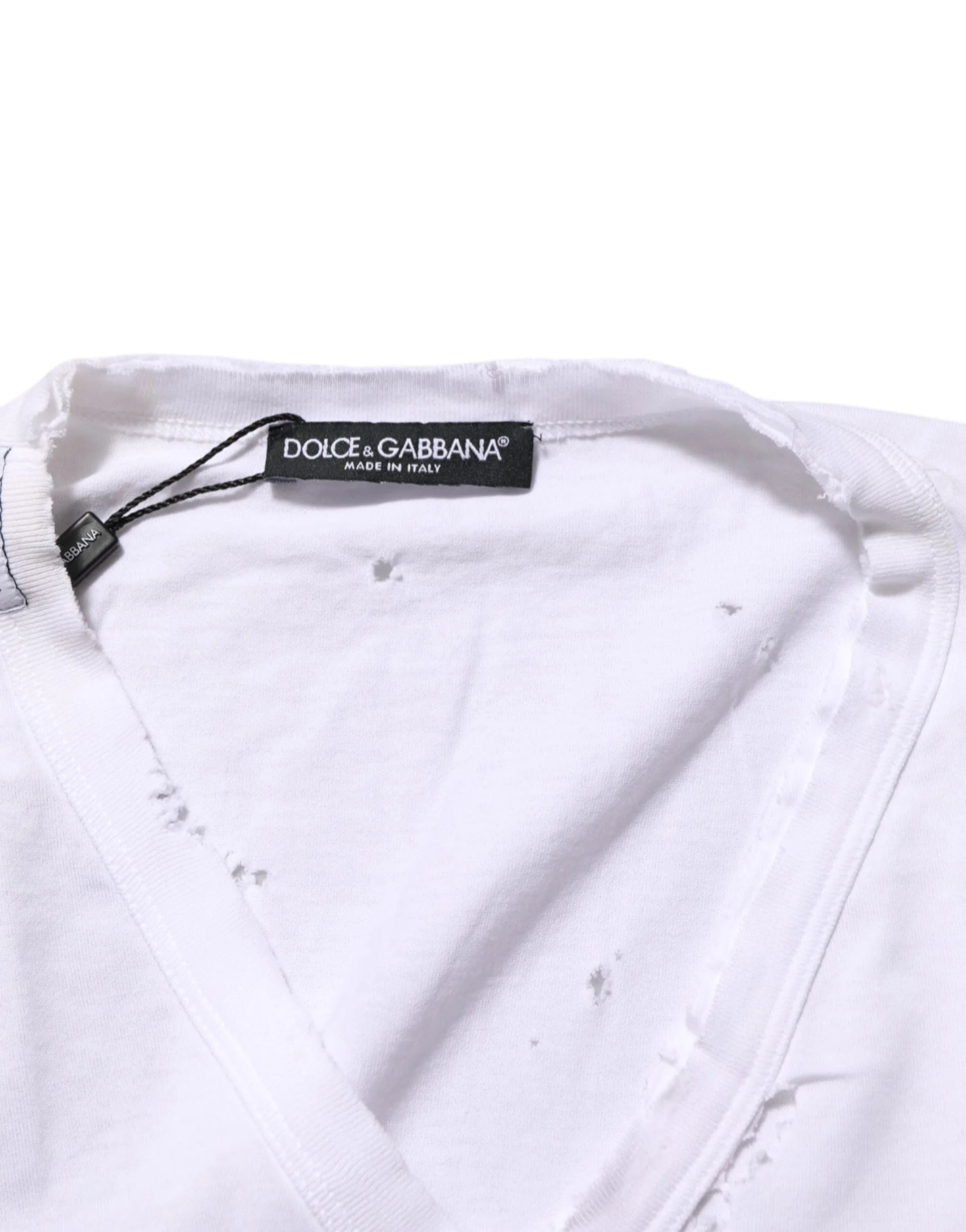 Dolce & Gabbana White Distressed Cotton V Neck Men T-shirt - IT48 | M - T-Shirts