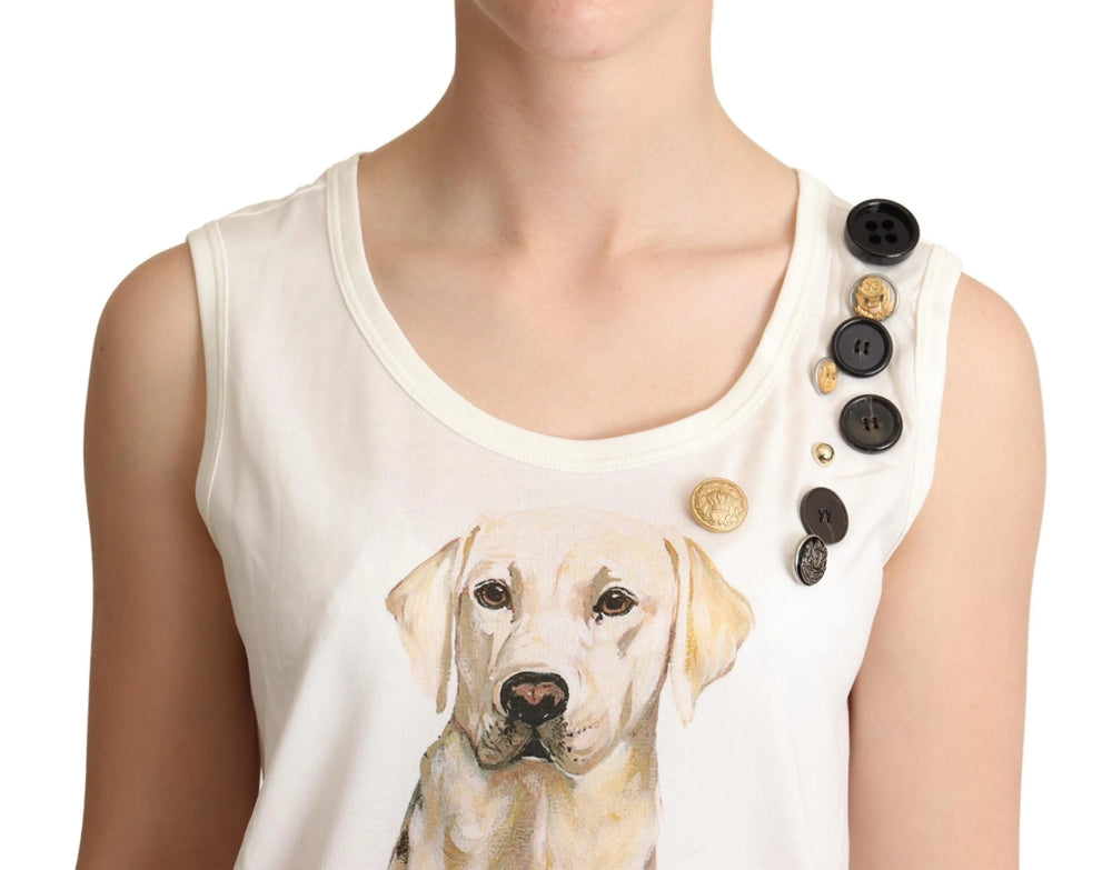 Dolce & Gabbana White Dog Floral Print Embellished T-shirt - IT38|XS - Tank Tops