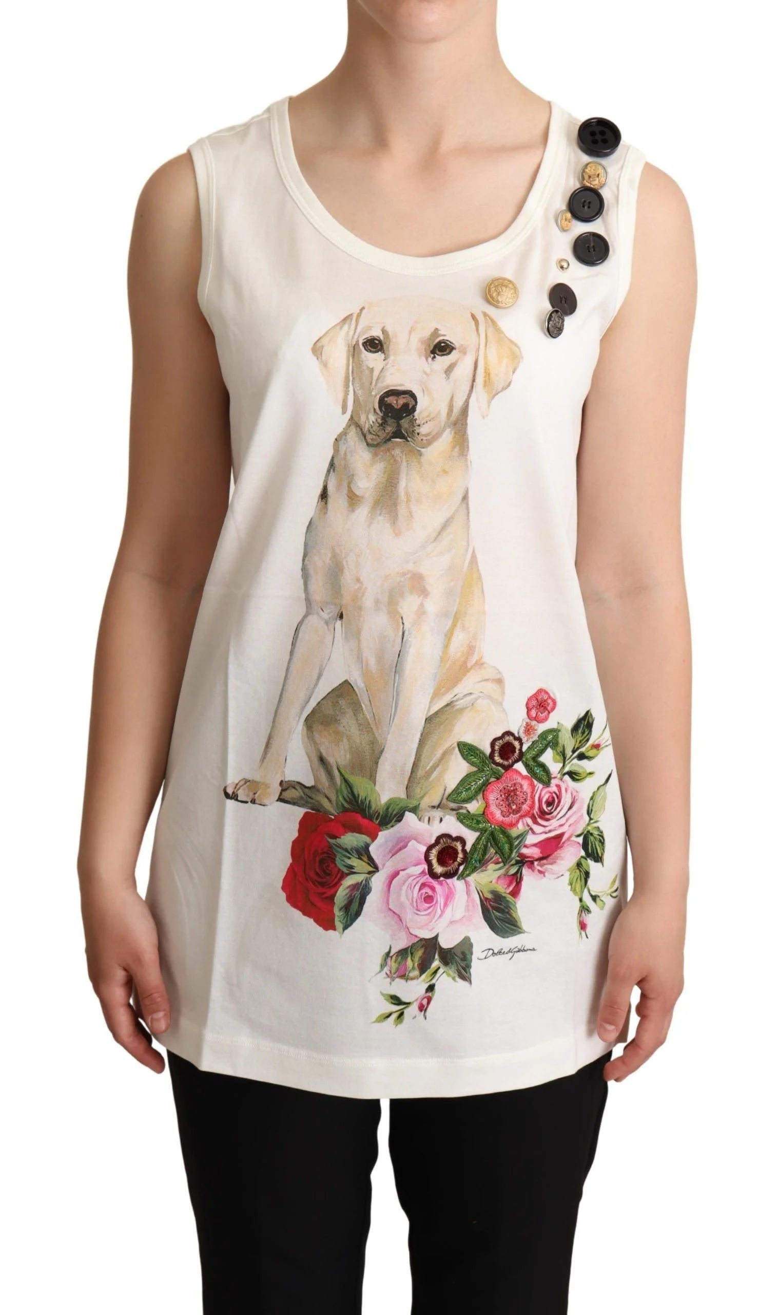 Dolce & Gabbana White Dog Floral Print Embellished T-shirt - IT38|XS - Tank Tops