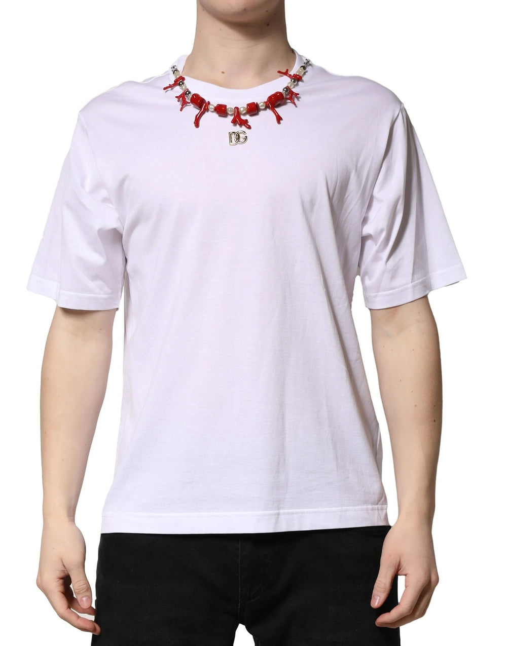 Dolce & Gabbana White Embellished Cotton Crew Neck T-shirt - T-Shirts
