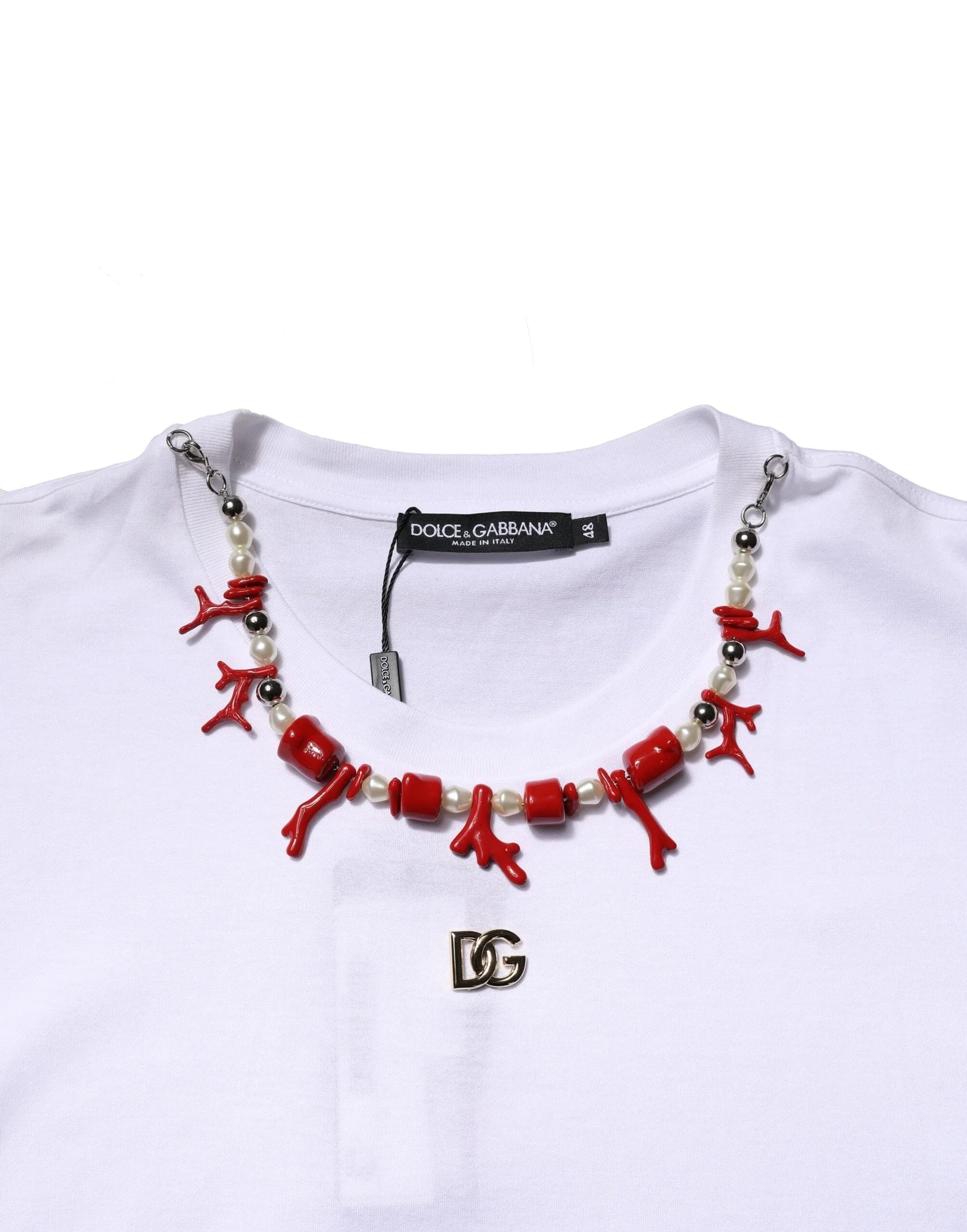 Dolce & Gabbana White Embellished Cotton Crew Neck T-shirt - T-Shirts
