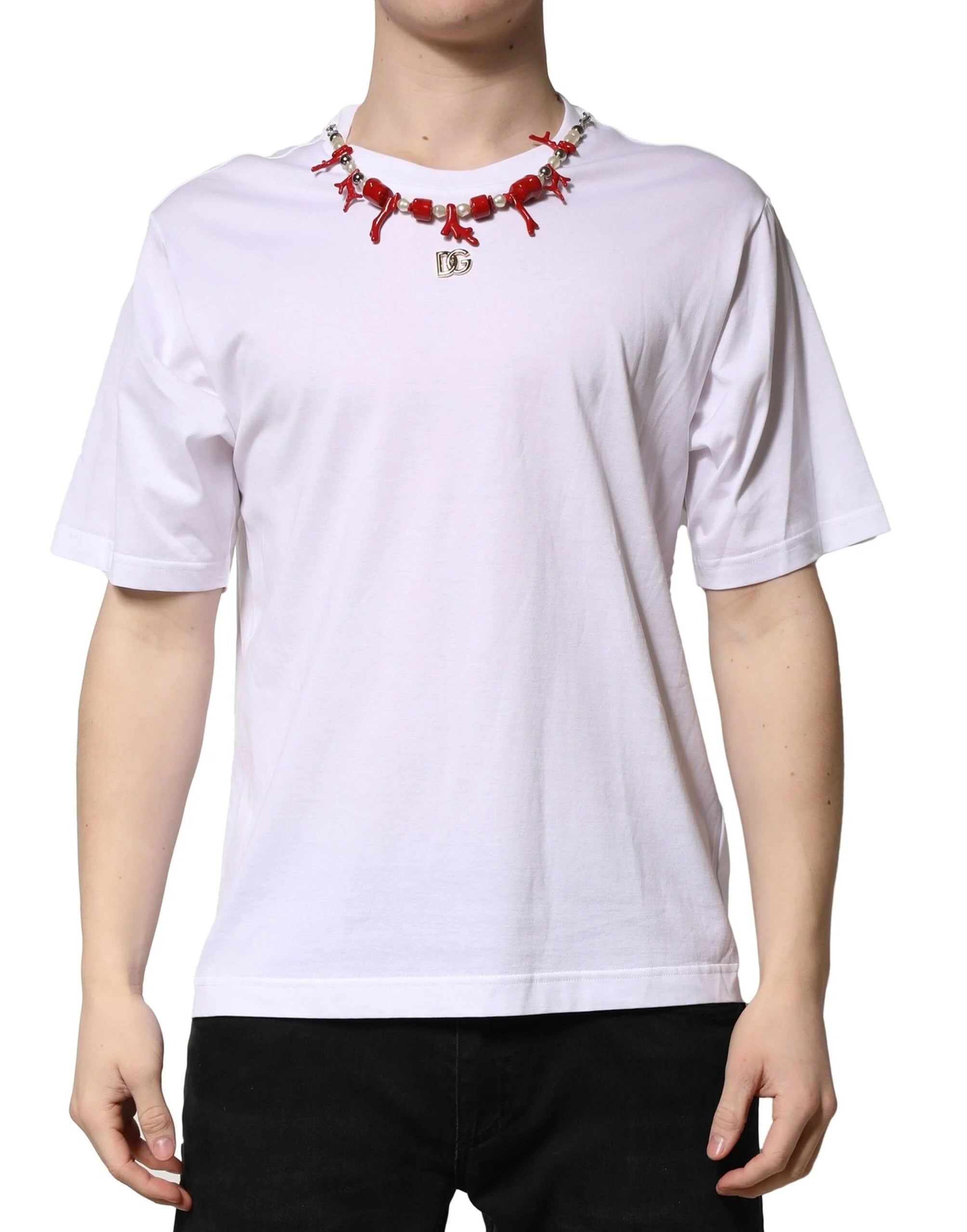 Dolce & Gabbana White Embellished Cotton Crew Neck T-shirt - T-Shirts