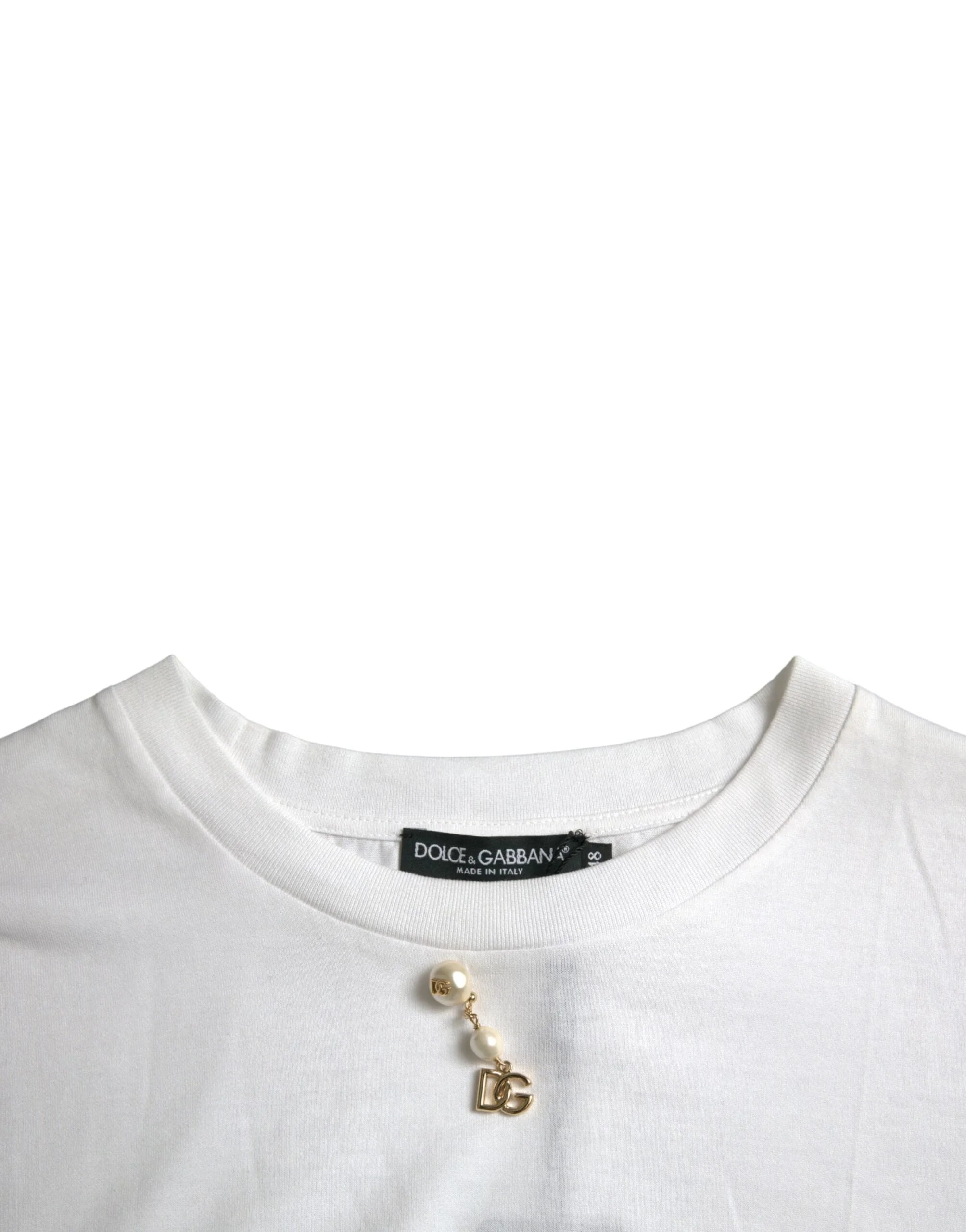 Dolce & Gabbana White Embellished Cotton Crew Neck T-shirt - T-Shirts