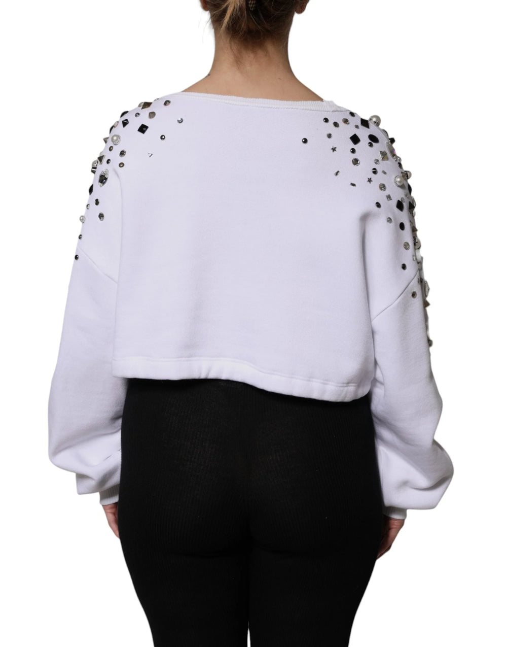 Dolce & Gabbana White Embellished Long Sleeve Cropped Sweater - IT40|S - Sweaters
