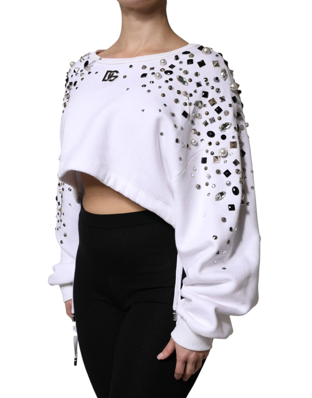 Dolce & Gabbana White Embellished Long Sleeve Cropped Sweater - IT40|S - Sweaters