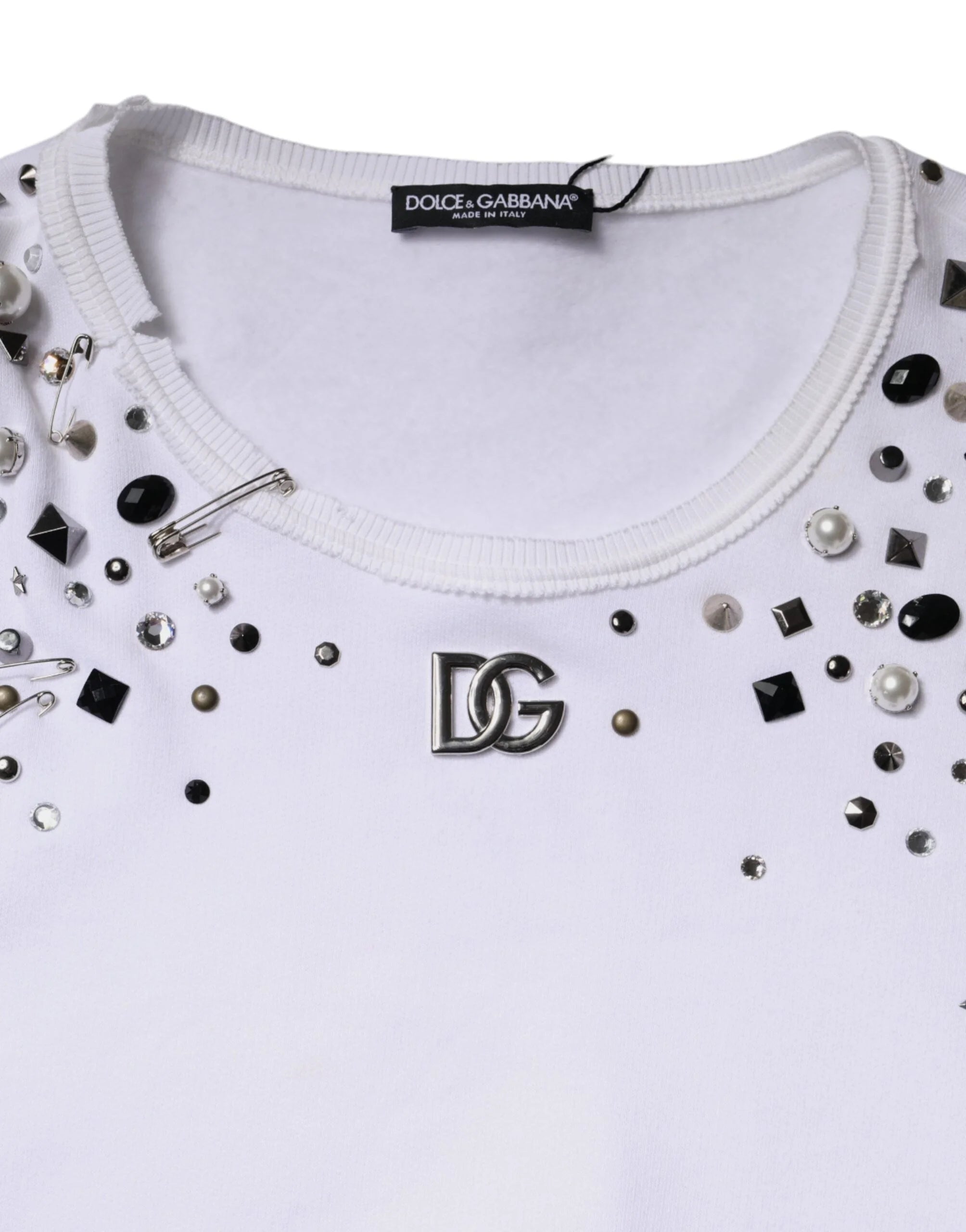 Dolce & Gabbana White Embellished Long Sleeve Cropped Sweater - IT40|S - Sweaters