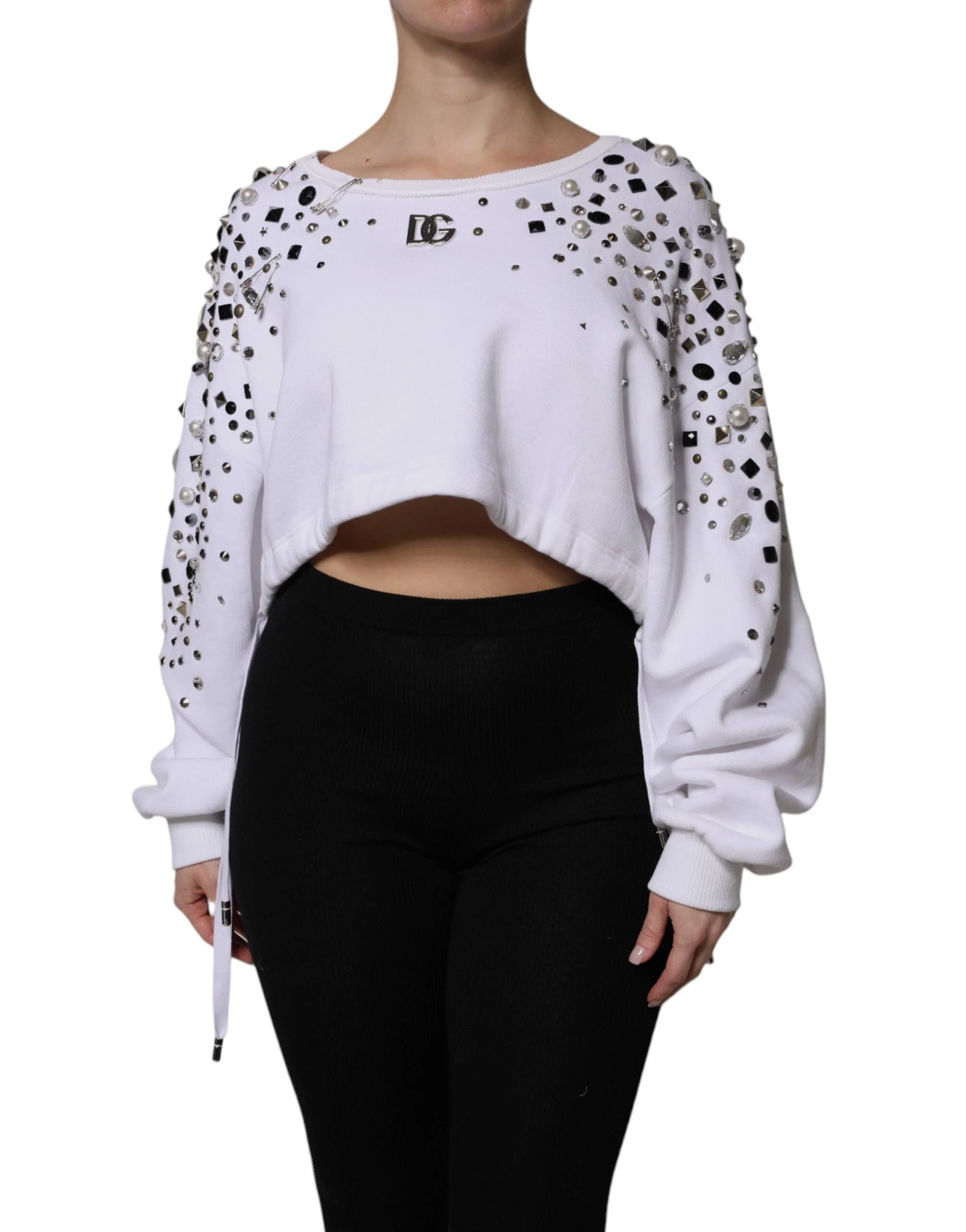 Dolce & Gabbana White Embellished Long Sleeve Cropped Sweater - IT40|S - Sweaters