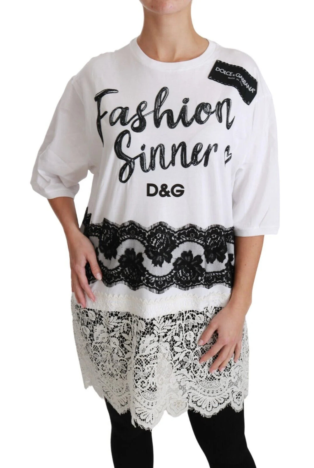 Dolce & Gabbana White Fashion Sinner Cotton Lace T-shirt Top - IT38|XS - T-Shirts
