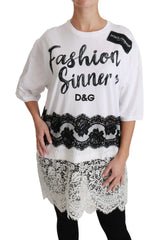 Dolce & Gabbana White Fashion Sinner Cotton Lace T-shirt Top - IT38|XS - T-Shirts