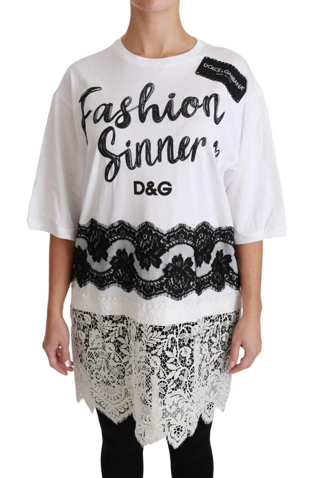 Dolce & Gabbana White Fashion Sinner Cotton Lace T-shirt Top - IT38|XS - T-Shirts