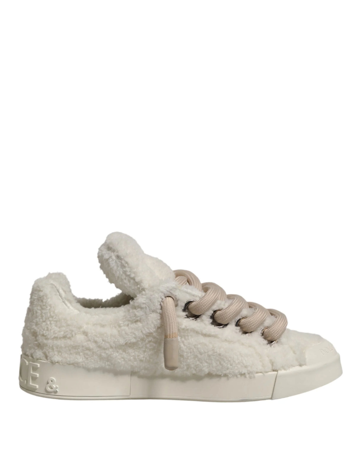Dolce & Gabbana White Faux Shearling Low Top Sneakers Shoes - EU43/US10