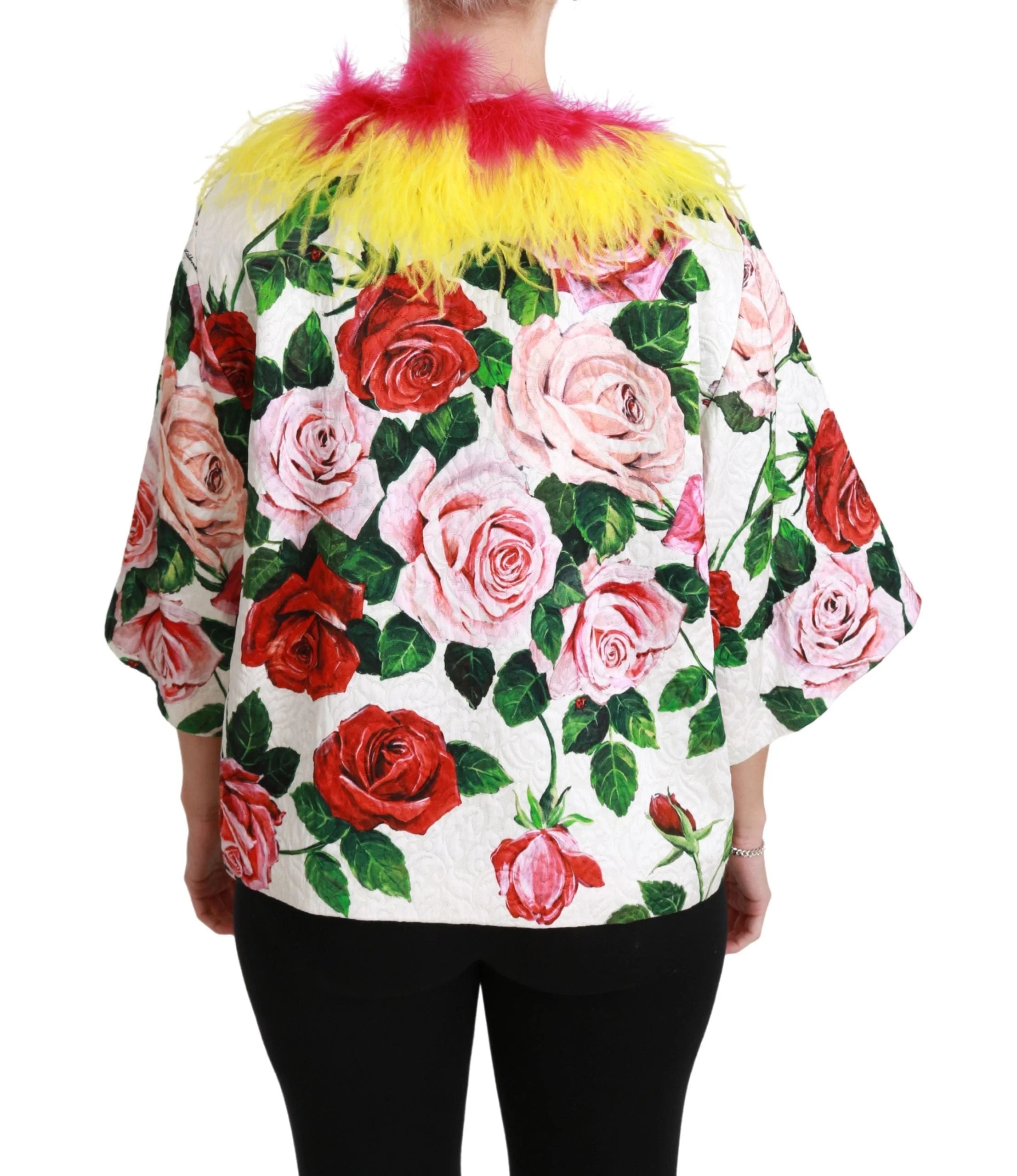 Dolce & Gabbana White Floral Coat Capte Fur Roses Jacket - IT40|S - Capes