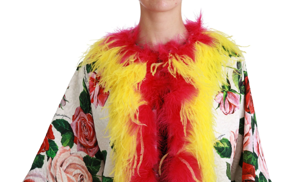 Dolce & Gabbana White Floral Coat Capte Fur Roses Jacket - IT40|S - Capes
