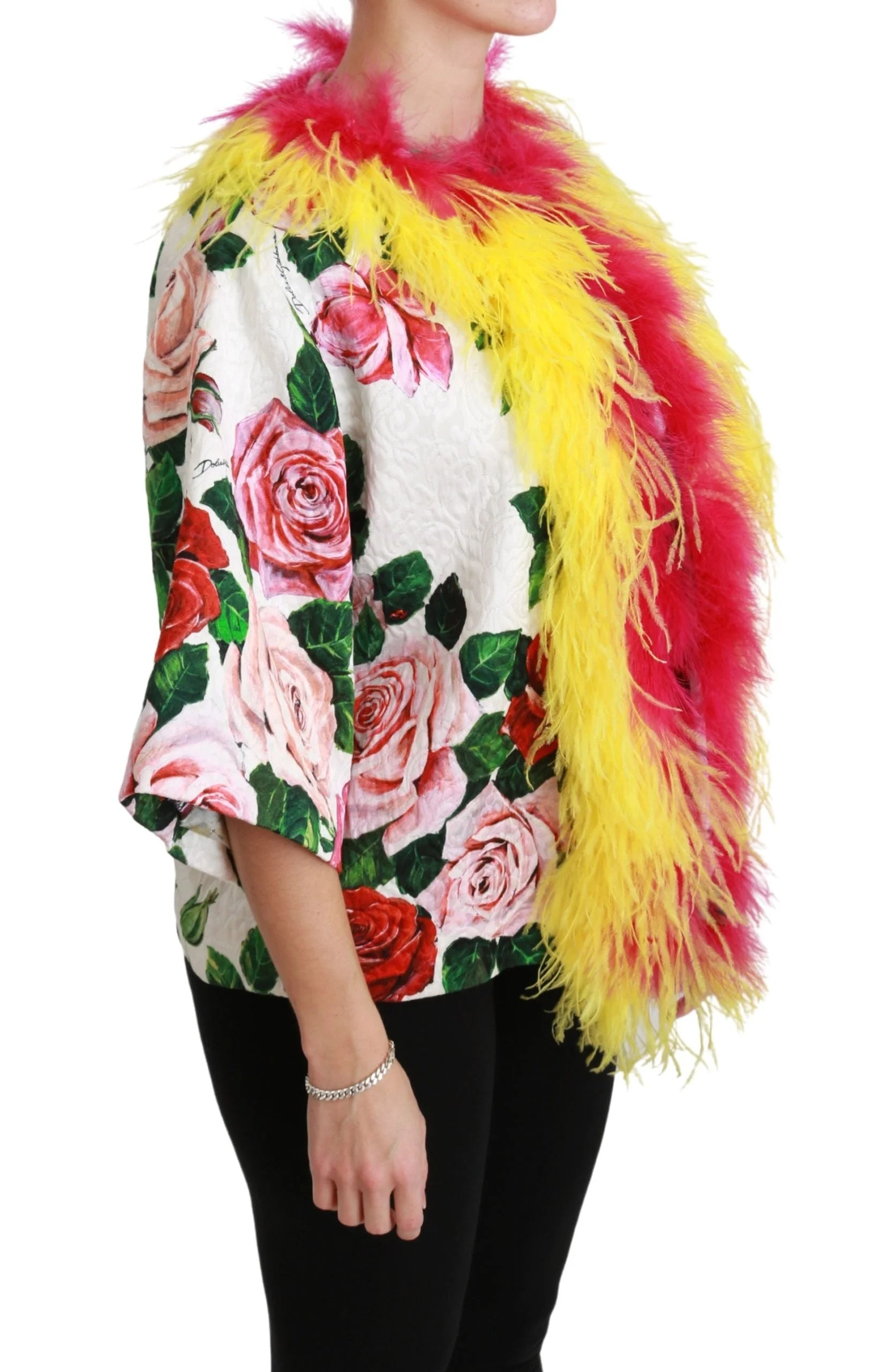 Dolce & Gabbana White Floral Coat Capte Fur Roses Jacket - IT40|S - Capes