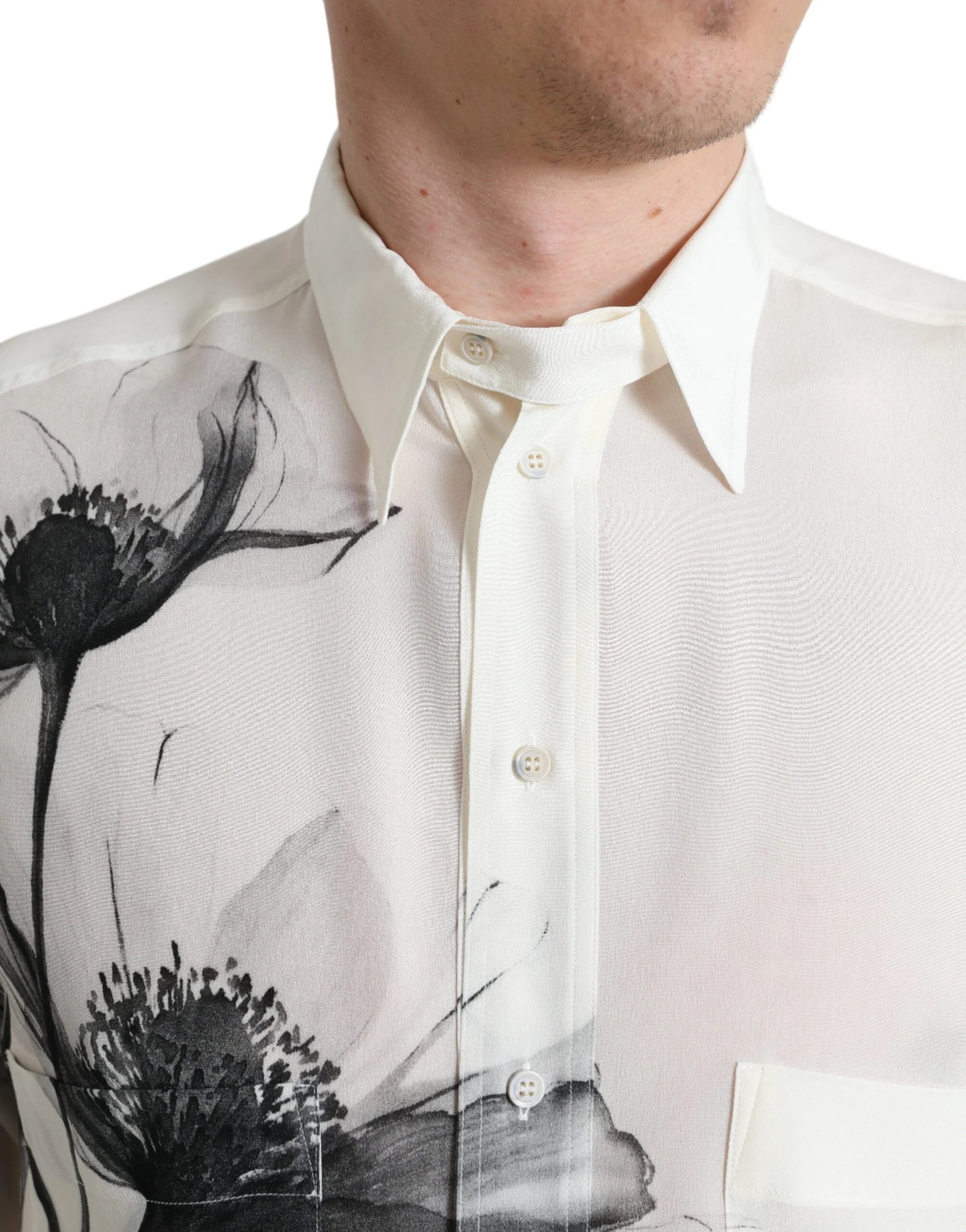 Dolce & Gabbana White Floral Collared Dress Silk Shirt - IT40 | M - Shirts