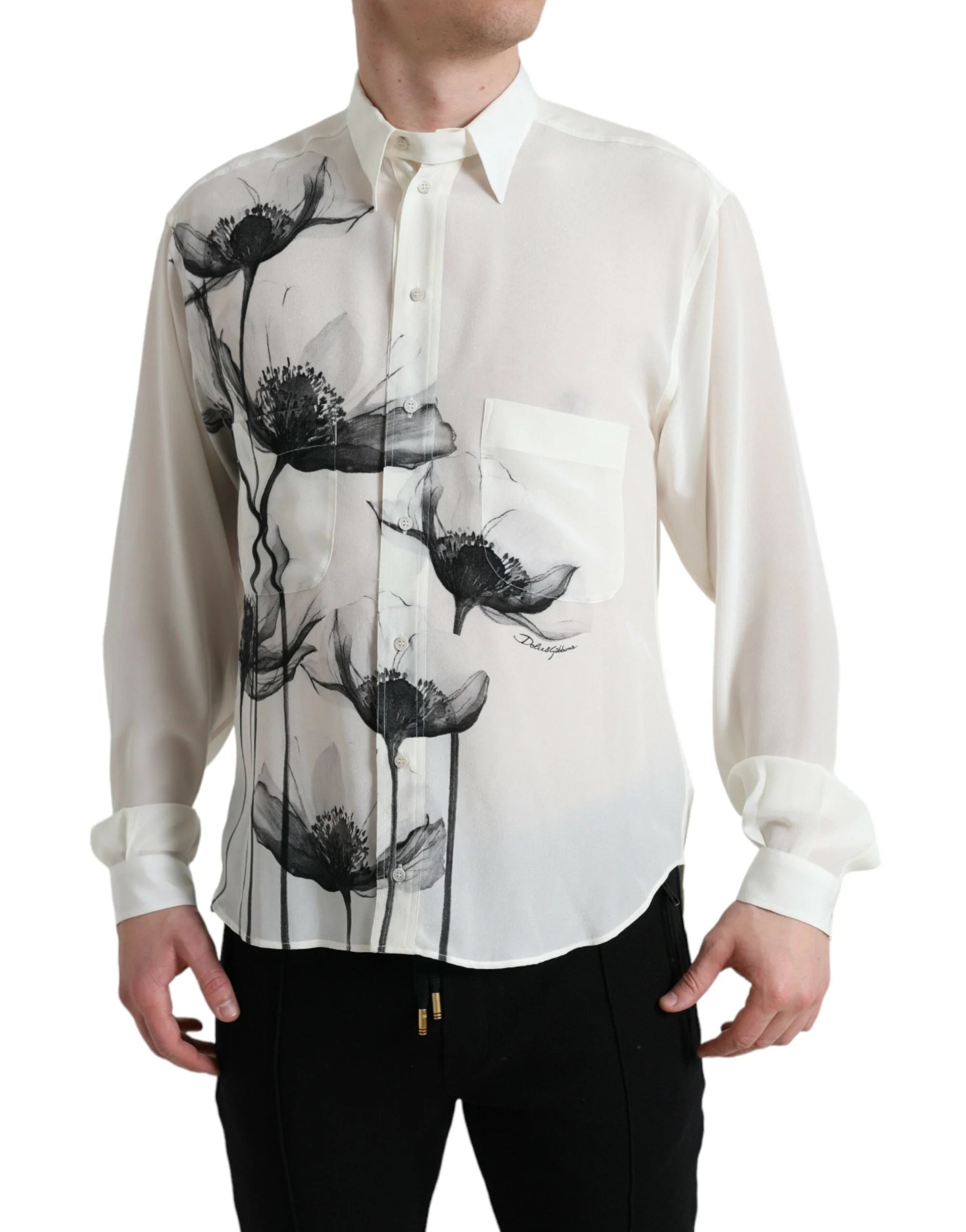 Dolce & Gabbana White Floral Collared Dress Silk Shirt - IT40 | M - Shirts