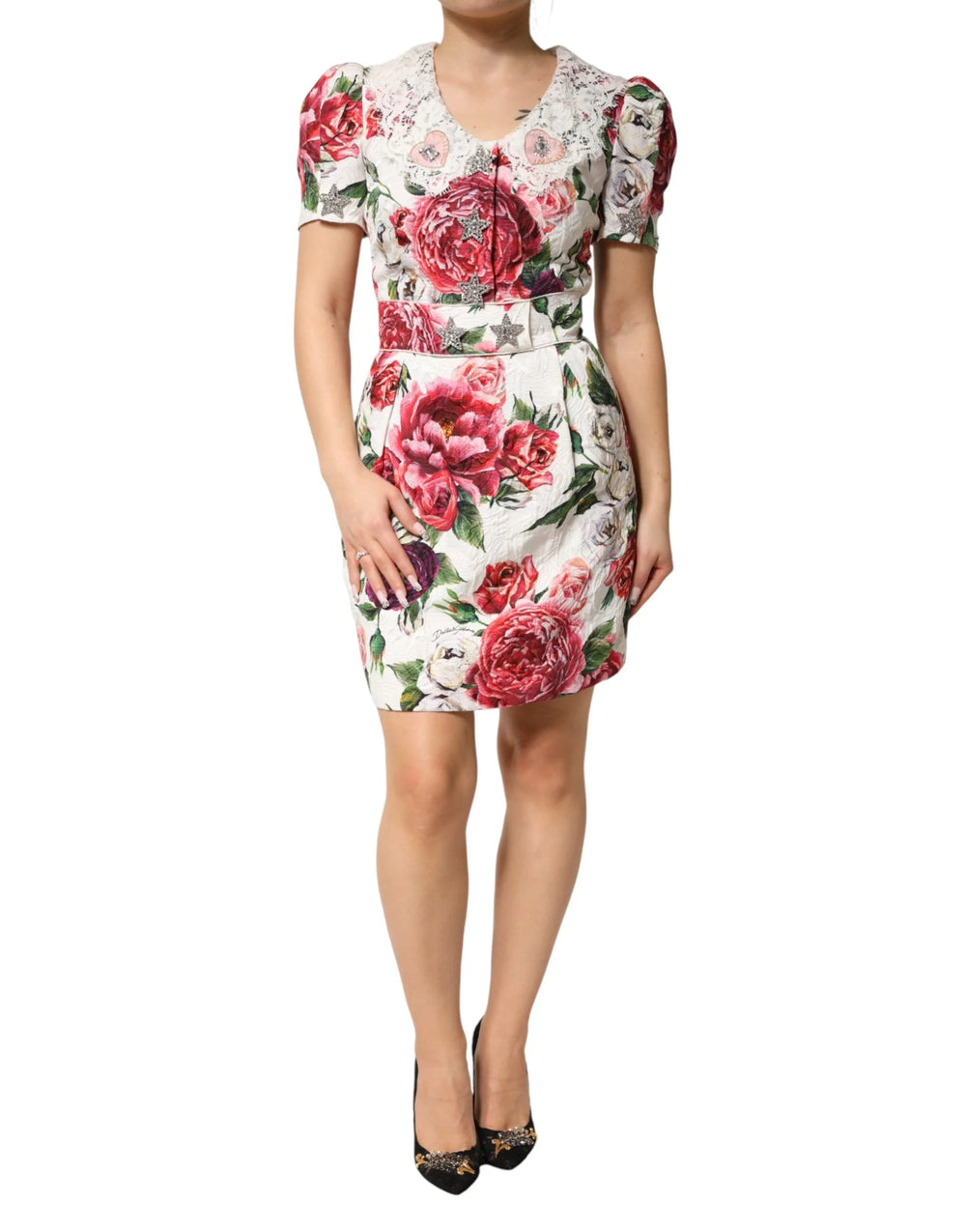 Dolce & Gabbana White Floral Embellished Sheath Mini Dress - IT36|XXS