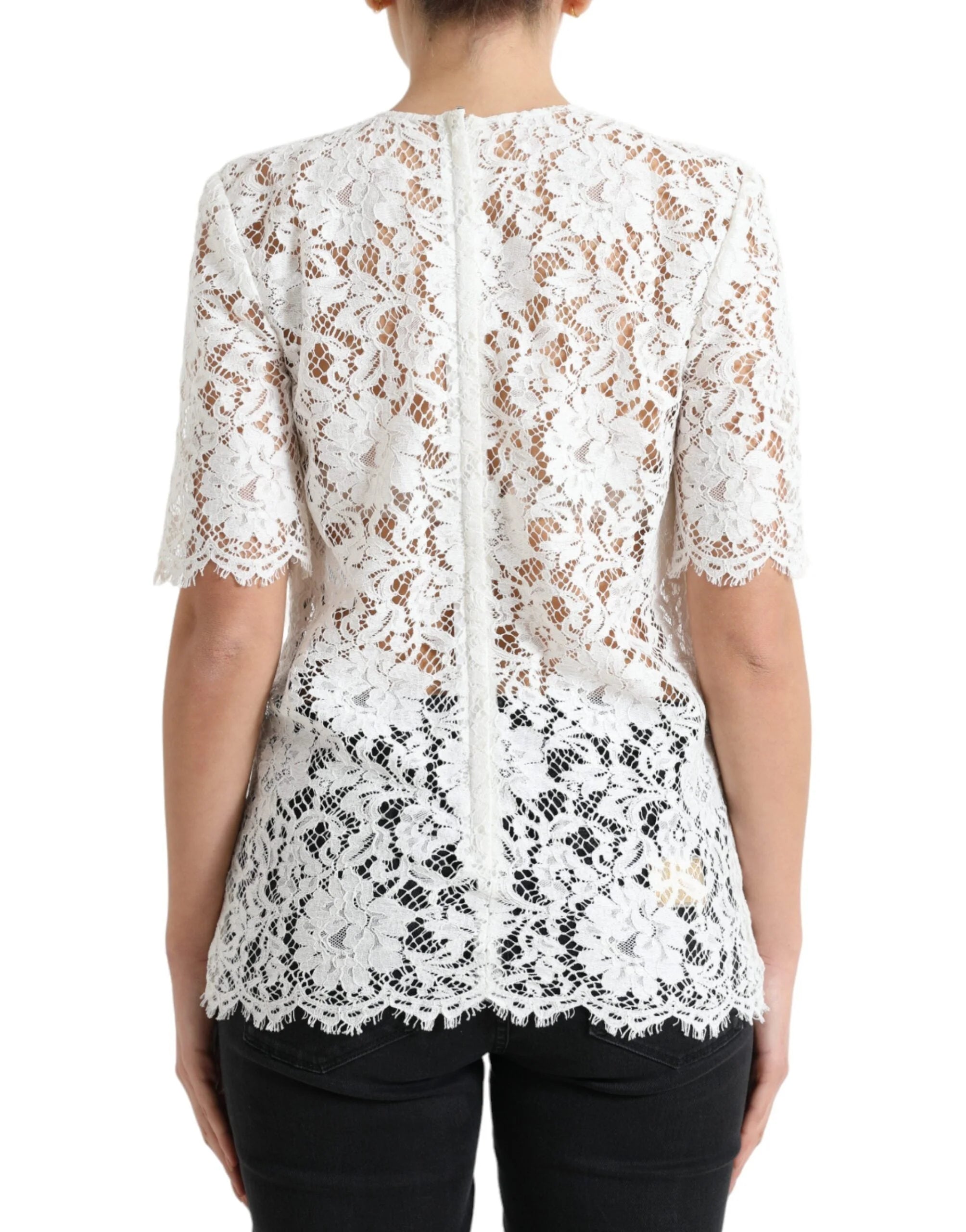 Dolce & Gabbana White Floral Lace Cotton Round Neck Blouse Top - IT40|S - Blouses