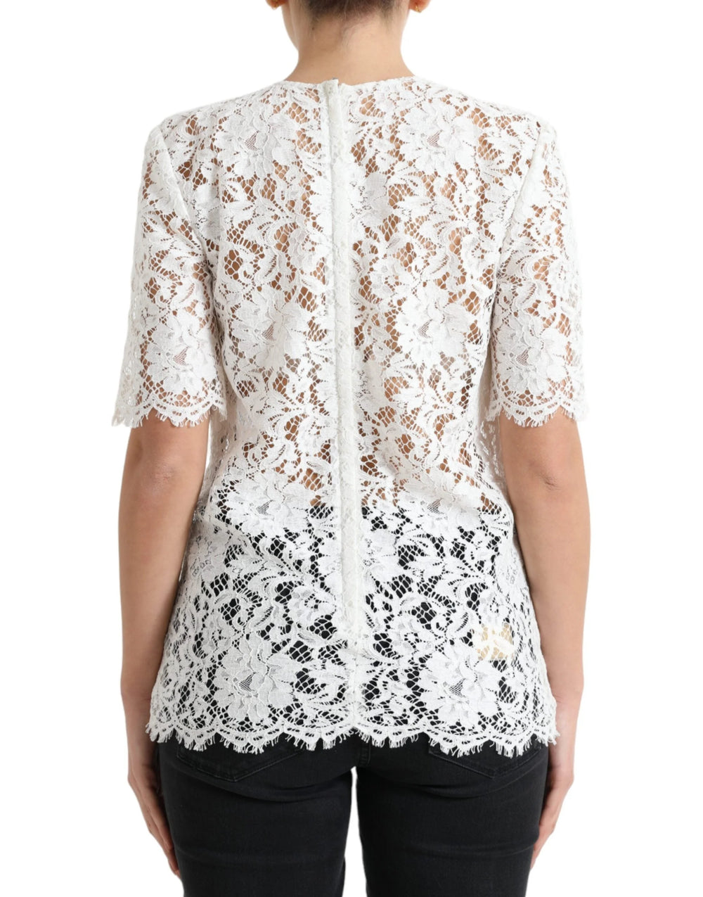 Dolce & Gabbana White Floral Lace Cotton Round Neck Blouse Top - IT40|S - Blouses