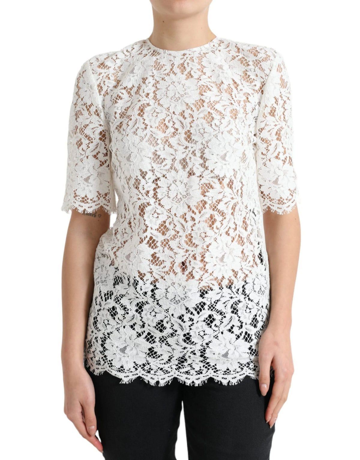Dolce & Gabbana White Floral Lace Cotton Round Neck Blouse Top - IT40|S - Blouses